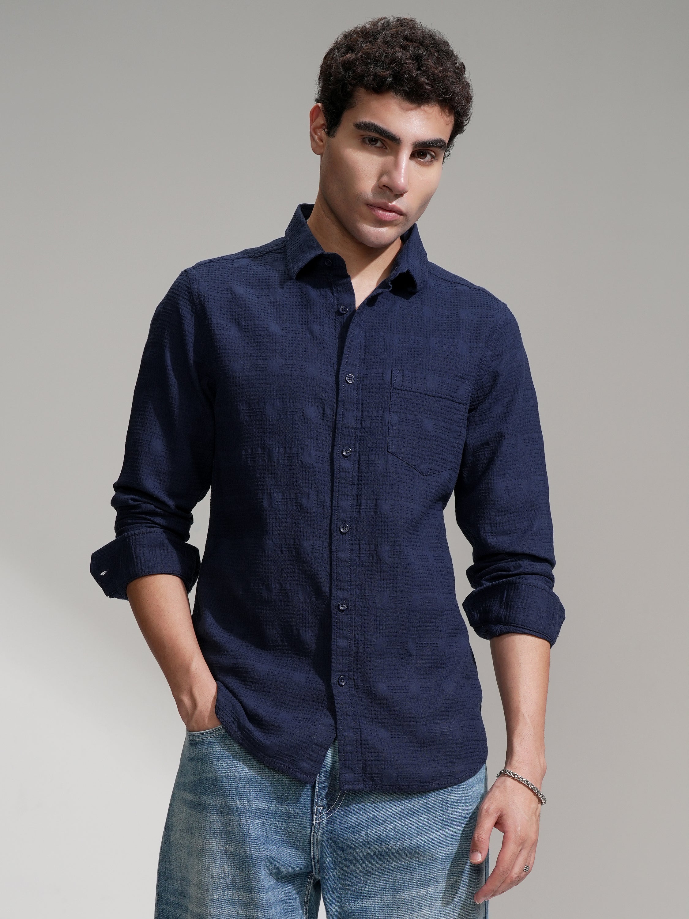 Highlander Men Navy Blue Self Design Slim Fit Casual Shirt - Navy Blue - Image 1