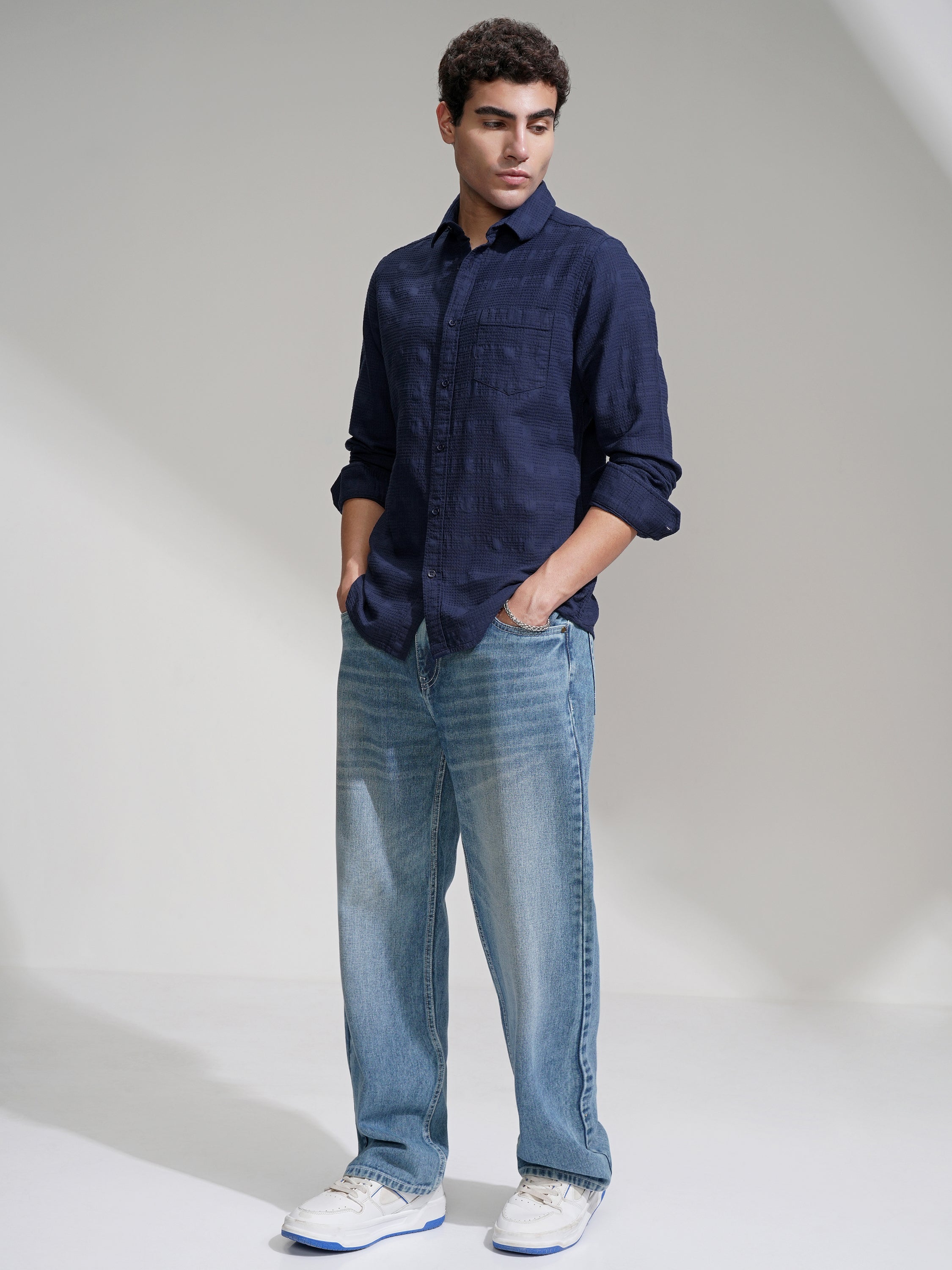 Highlander Men Navy Blue Self Design Slim Fit Casual Shirt - Navy Blue - Image 2