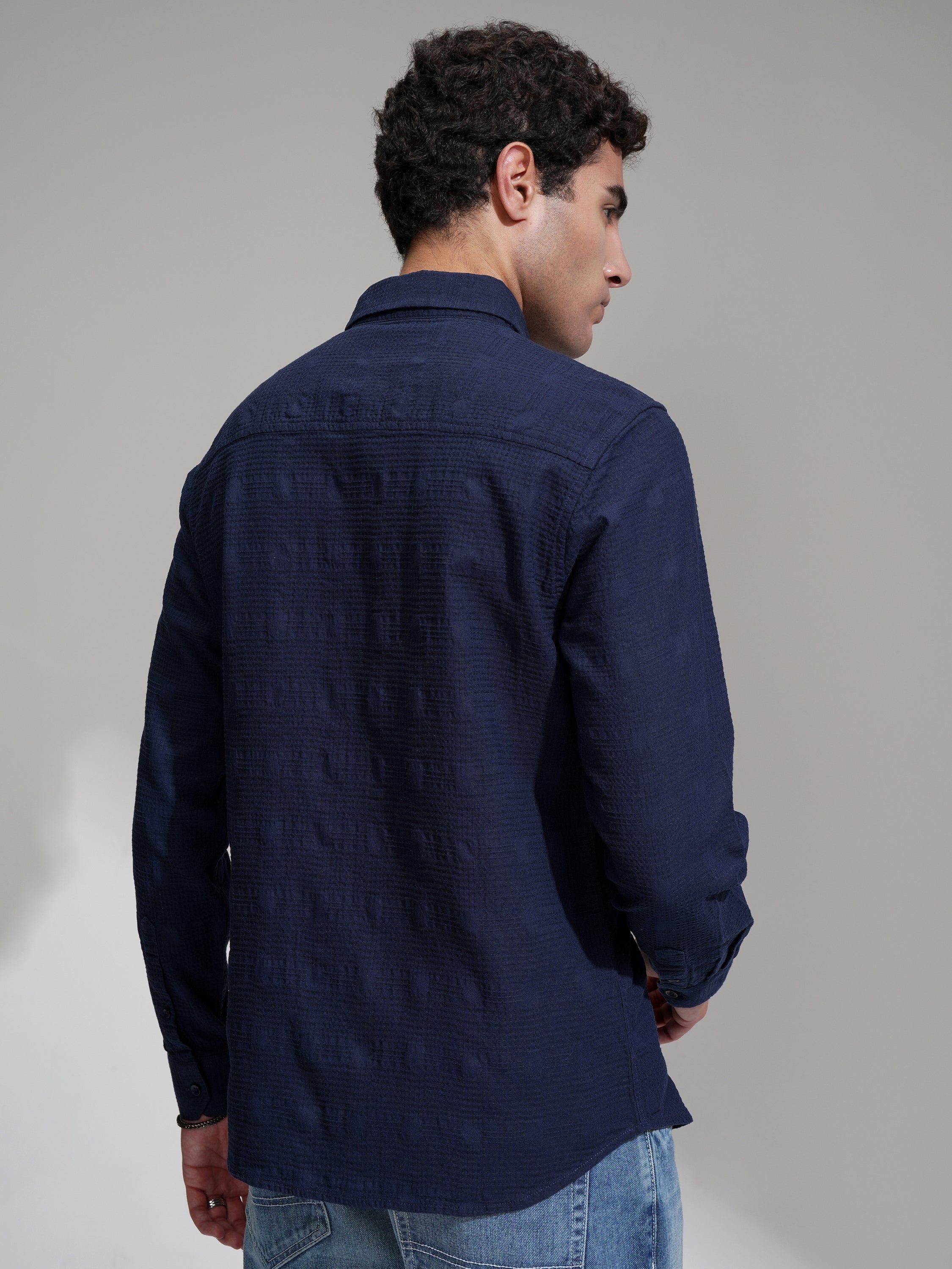 Highlander Men Navy Blue Self Design Slim Fit Casual Shirt - Navy Blue - Image 3