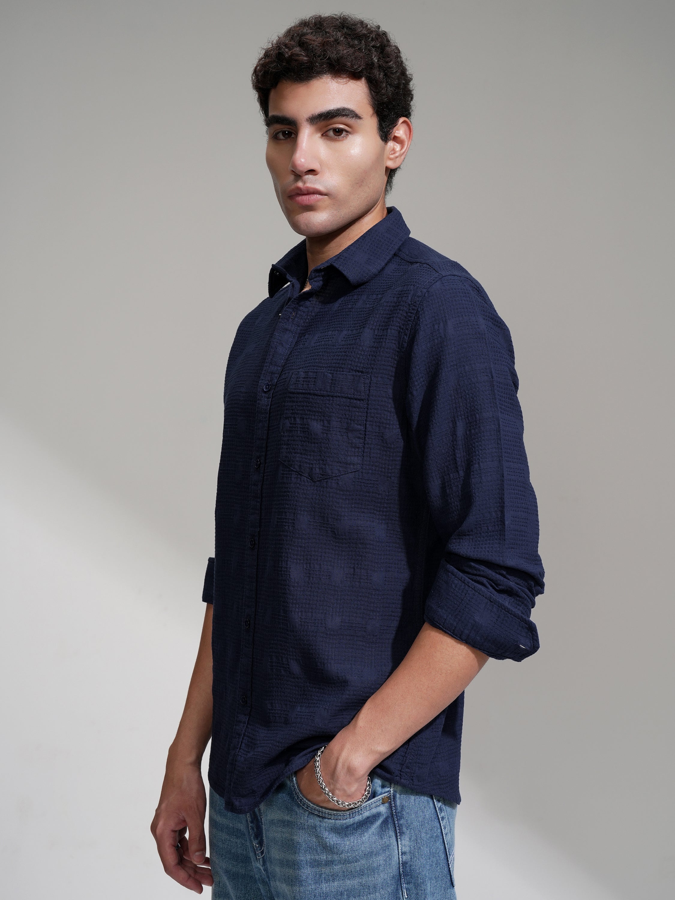 Highlander Men Navy Blue Self Design Slim Fit Casual Shirt - Navy Blue - Image 4