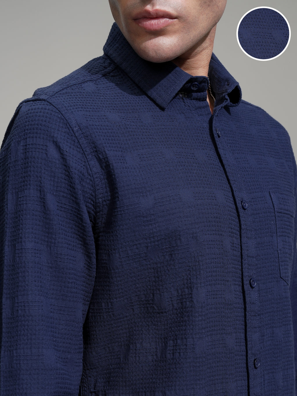 Highlander Men Navy Blue Self Design Slim Fit Casual Shirt - Navy Blue - Image 5