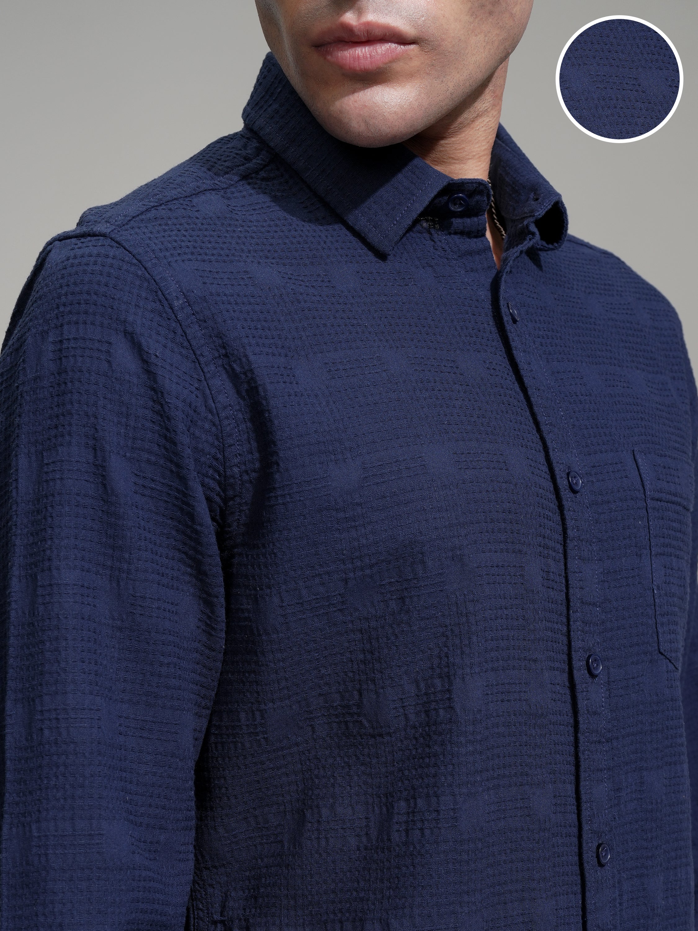 Highlander Men Navy Blue Self Design Slim Fit Casual Shirt - Navy Blue - Image 5