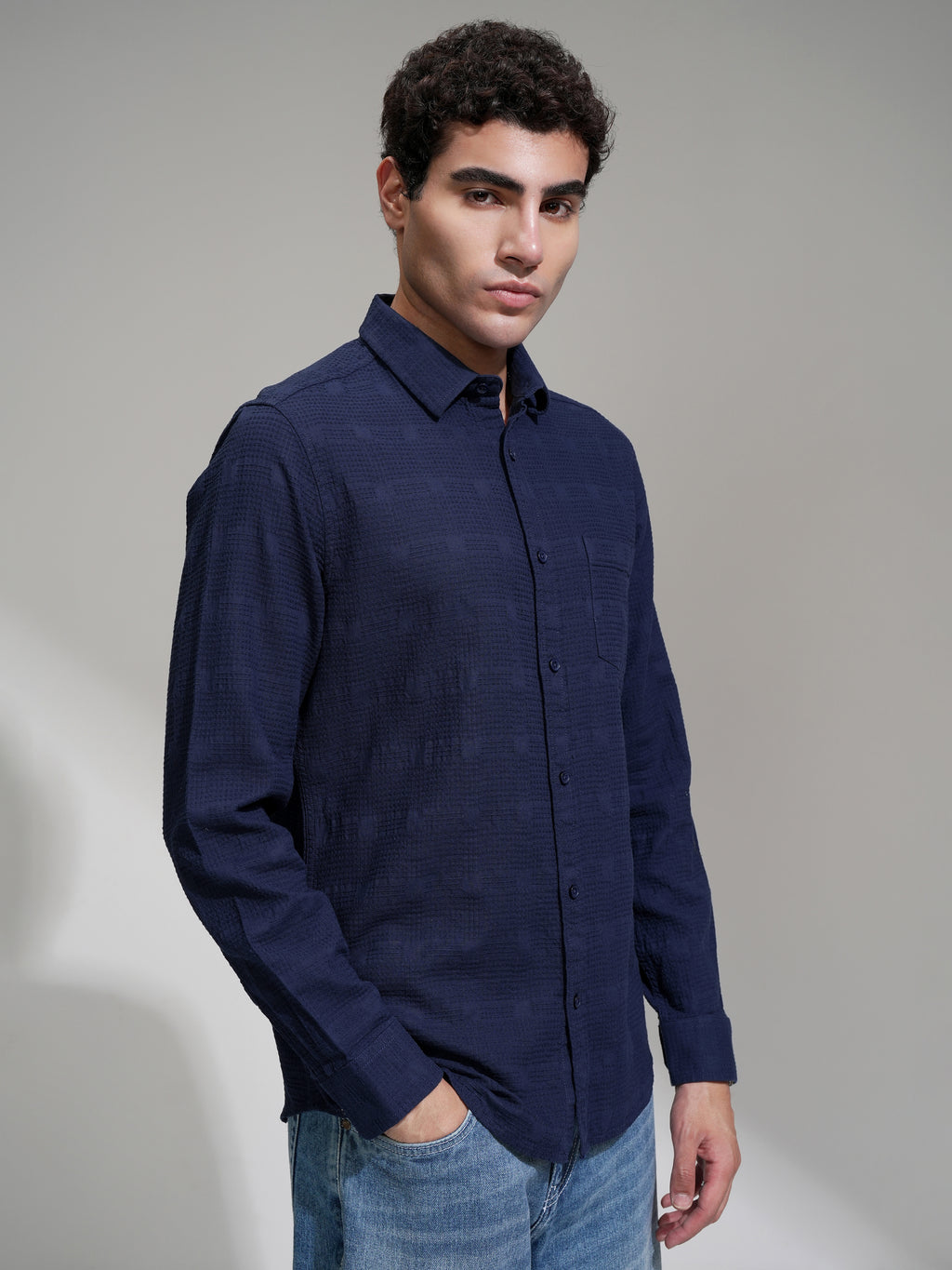 Highlander Men Navy Blue Self Design Slim Fit Casual Shirt - Navy Blue - Image 6