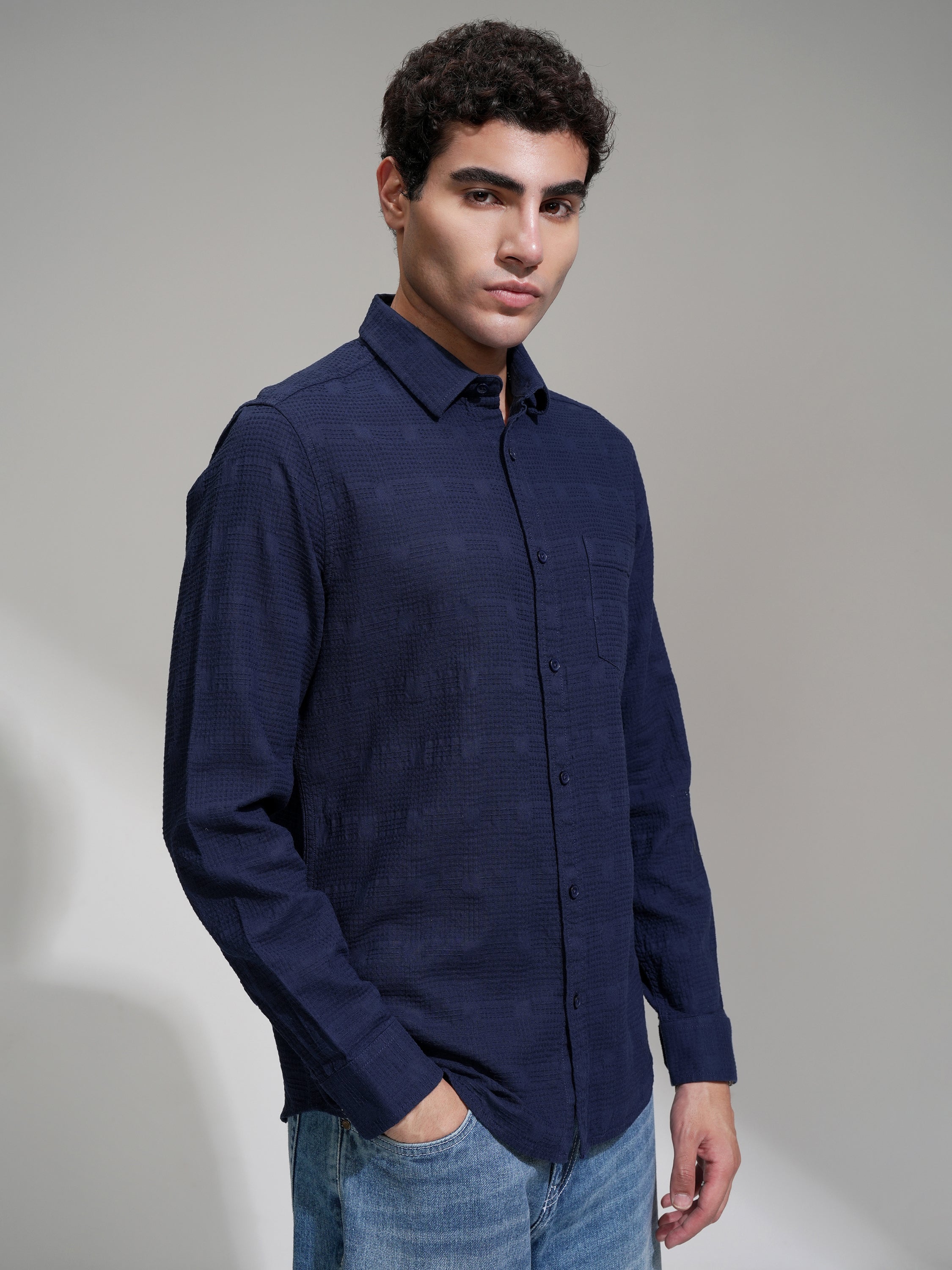 Highlander Men Navy Blue Self Design Slim Fit Casual Shirt - Navy Blue - Image 6