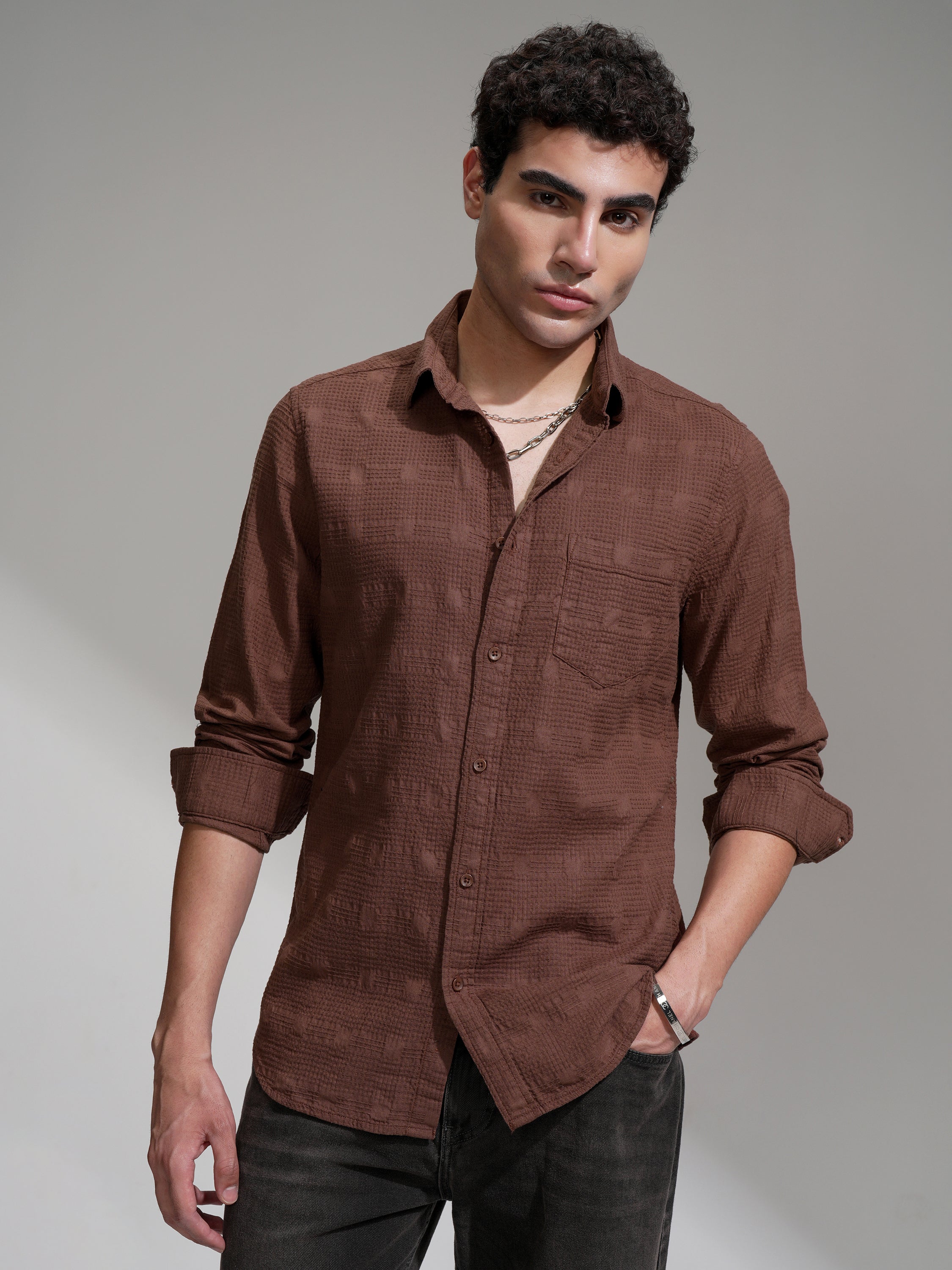 Highlander Men Coffee Brown Self Design Slim Fit Casual Shirt - Coffee Brown - Image 1