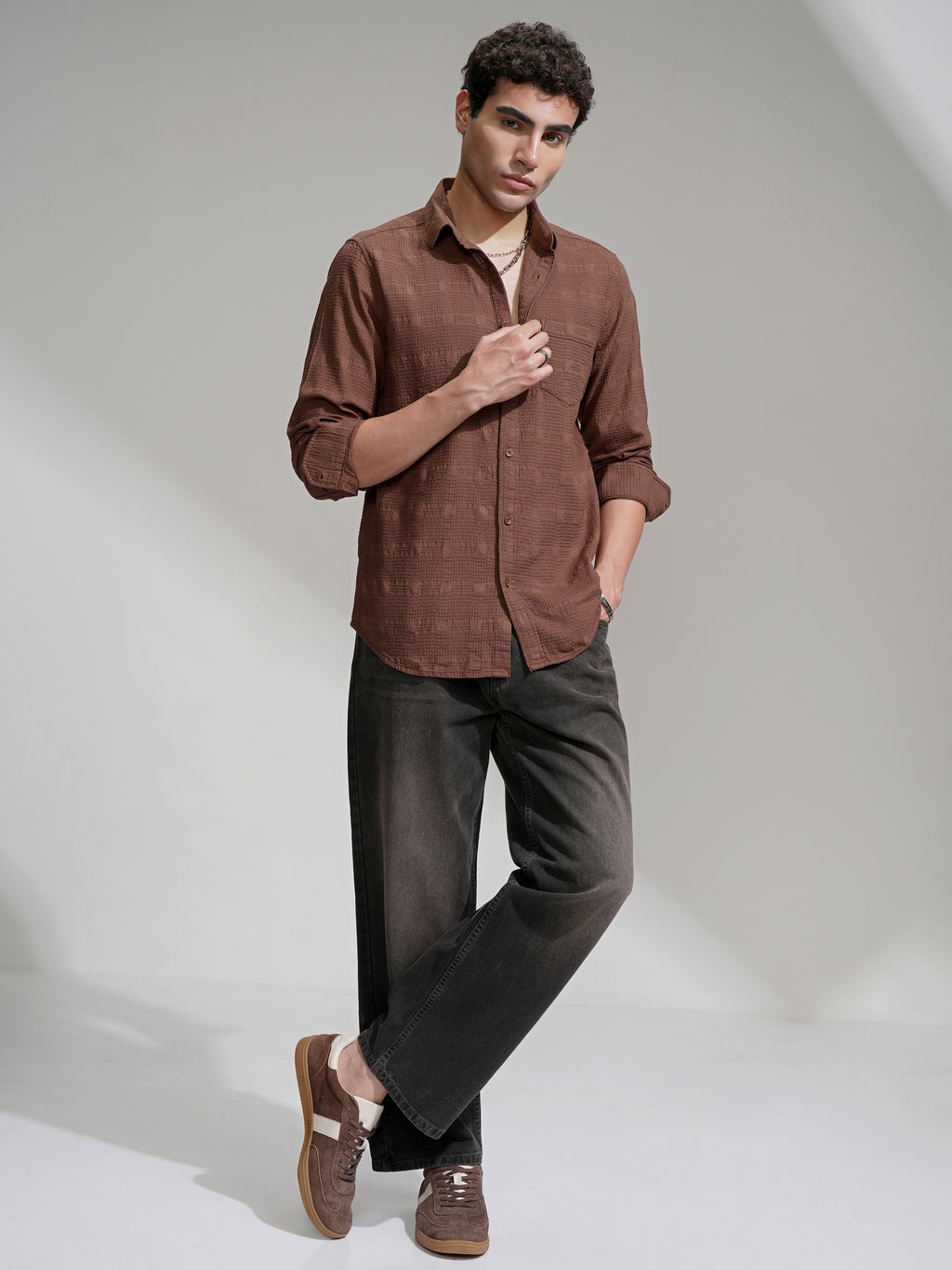 Highlander Men Coffee Brown Self Design Slim Fit Casual Shirt - Coffee Brown - Image 2
