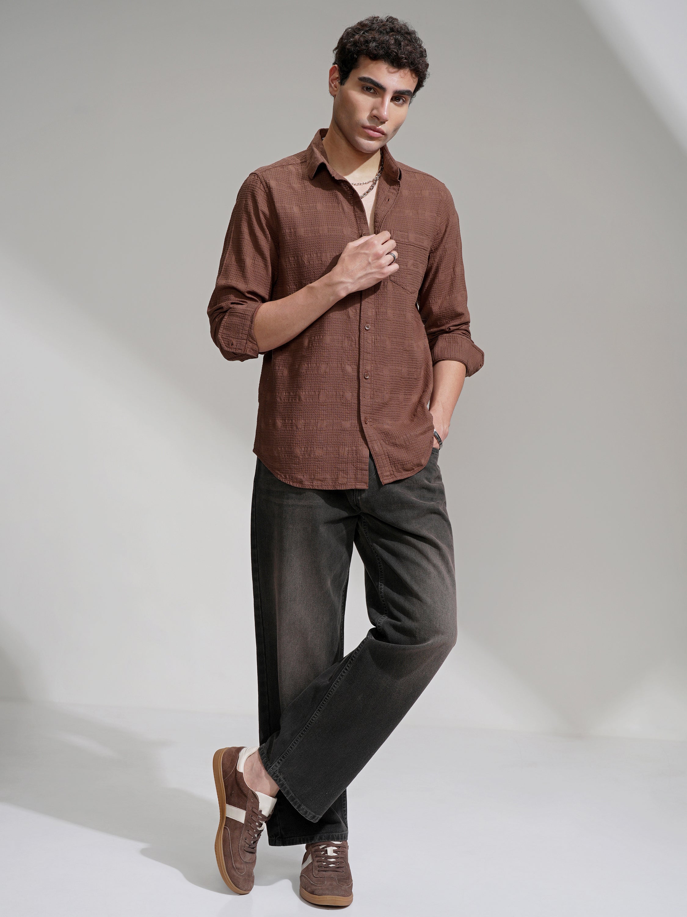 Highlander Men Coffee Brown Self Design Slim Fit Casual Shirt - Coffee Brown - Image 2