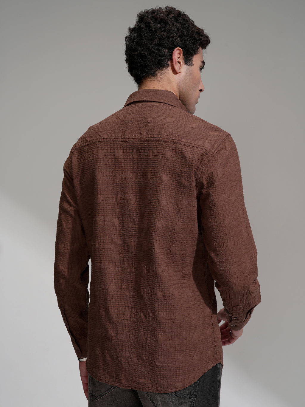 Highlander Men Coffee Brown Self Design Slim Fit Casual Shirt - Coffee Brown - Image 3