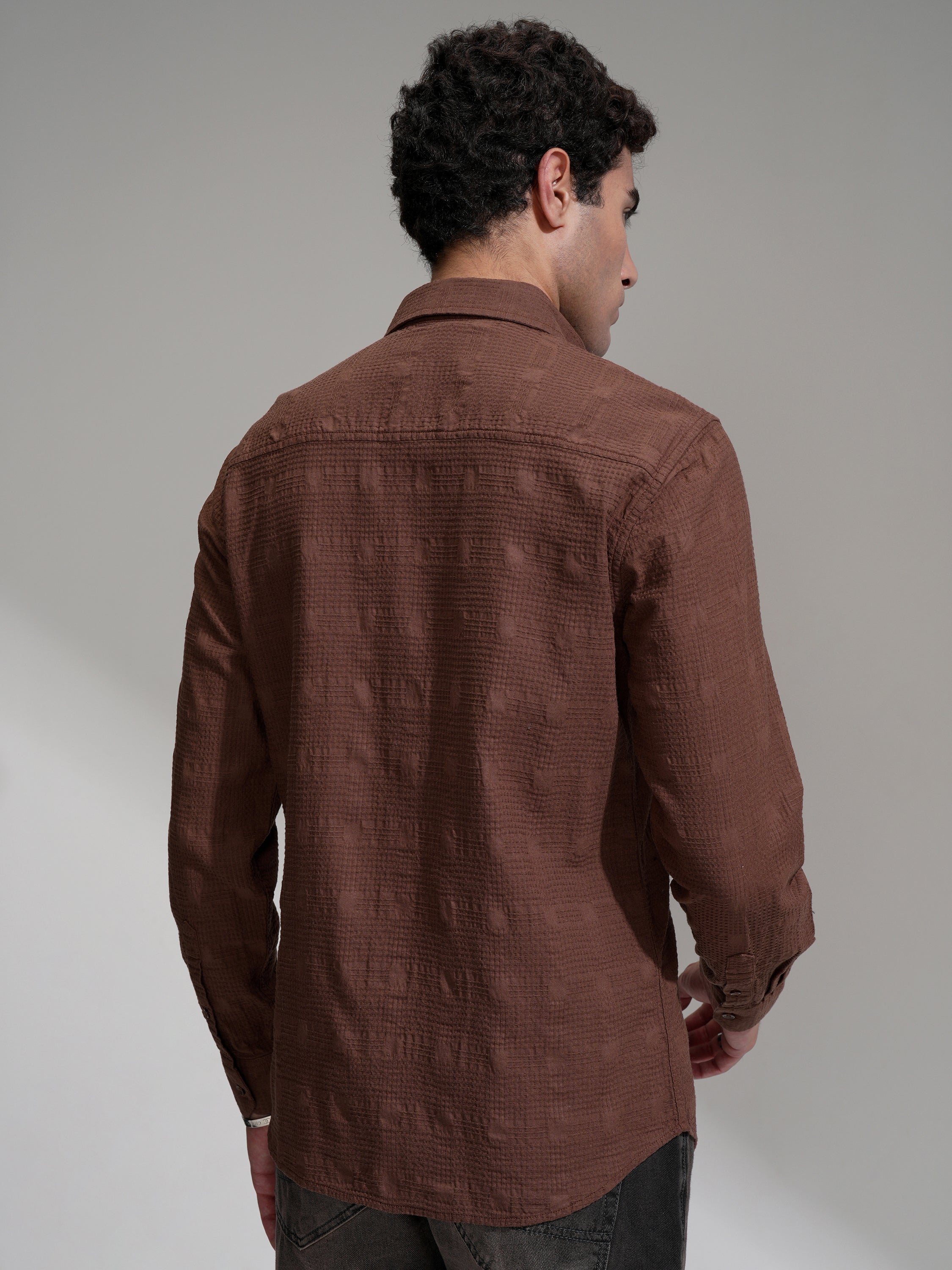 Highlander Men Coffee Brown Self Design Slim Fit Casual Shirt - Coffee Brown - Image 3