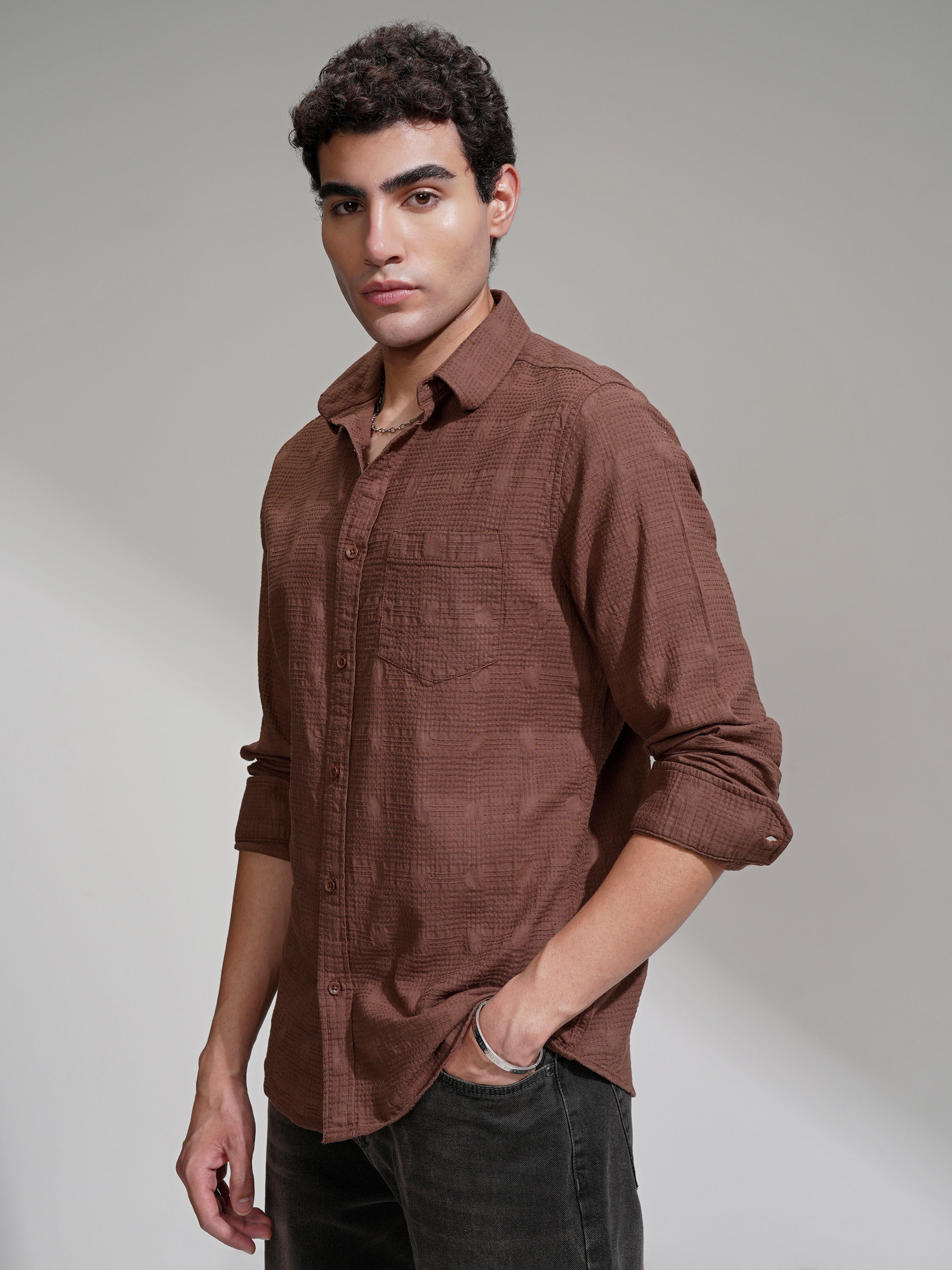 Highlander Men Coffee Brown Self Design Slim Fit Casual Shirt - Coffee Brown - Image 4
