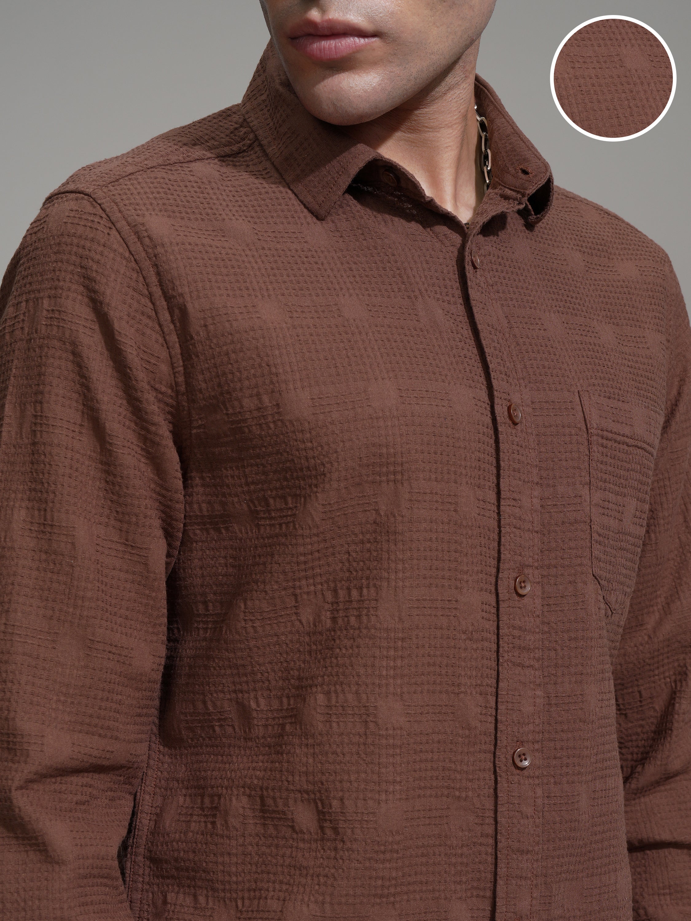 Highlander Men Coffee Brown Self Design Slim Fit Casual Shirt - Coffee Brown - Image 5