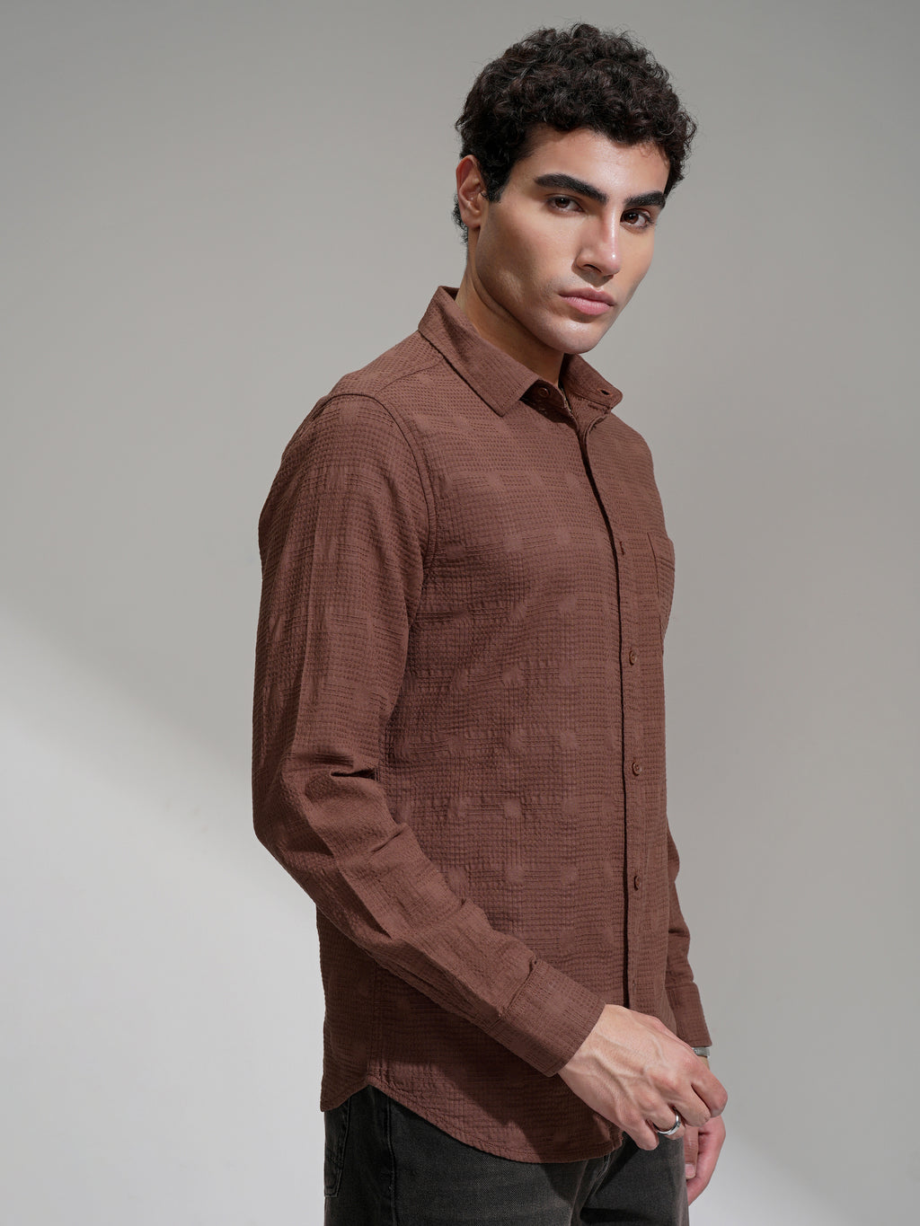 Highlander Men Coffee Brown Self Design Slim Fit Casual Shirt - Coffee Brown - Image 6