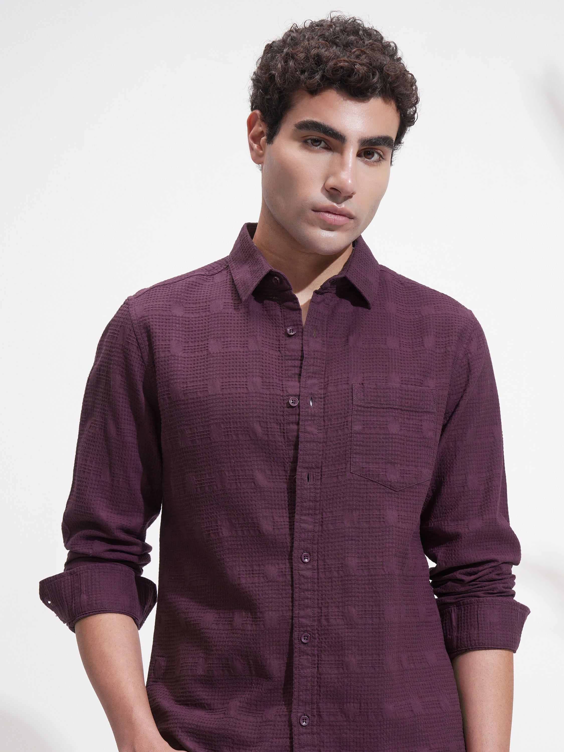Highlander Men Purple Self Design Slim Fit Casual Shirt - Purple - Image 1
