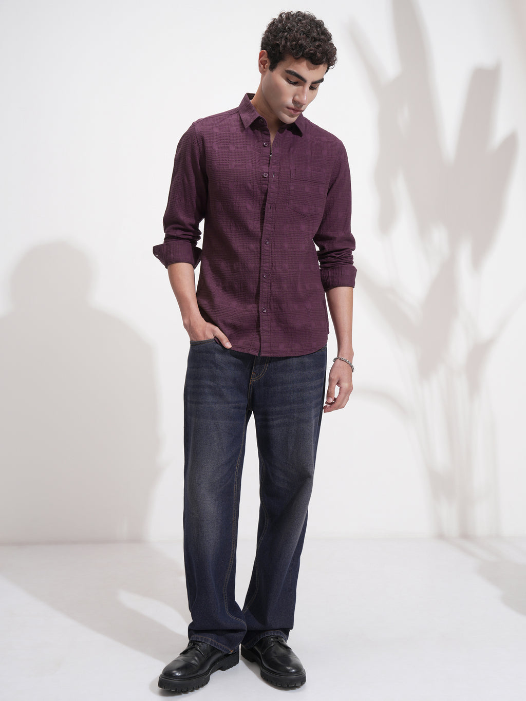 Highlander Men Purple Self Design Slim Fit Casual Shirt - Purple - Image 2
