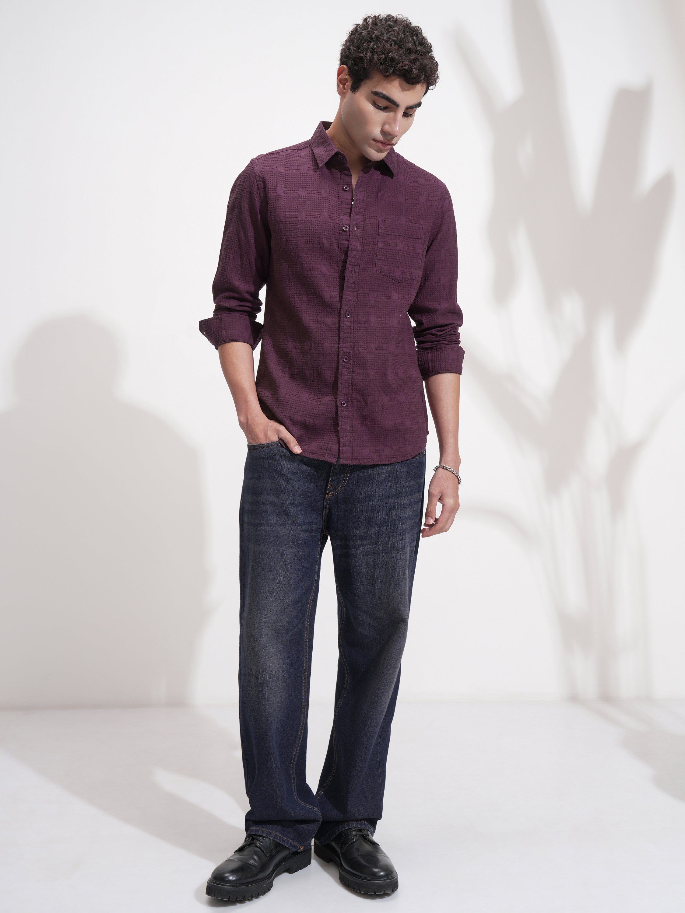 Highlander Men Purple Self Design Slim Fit Casual Shirt - Purple - Image 2