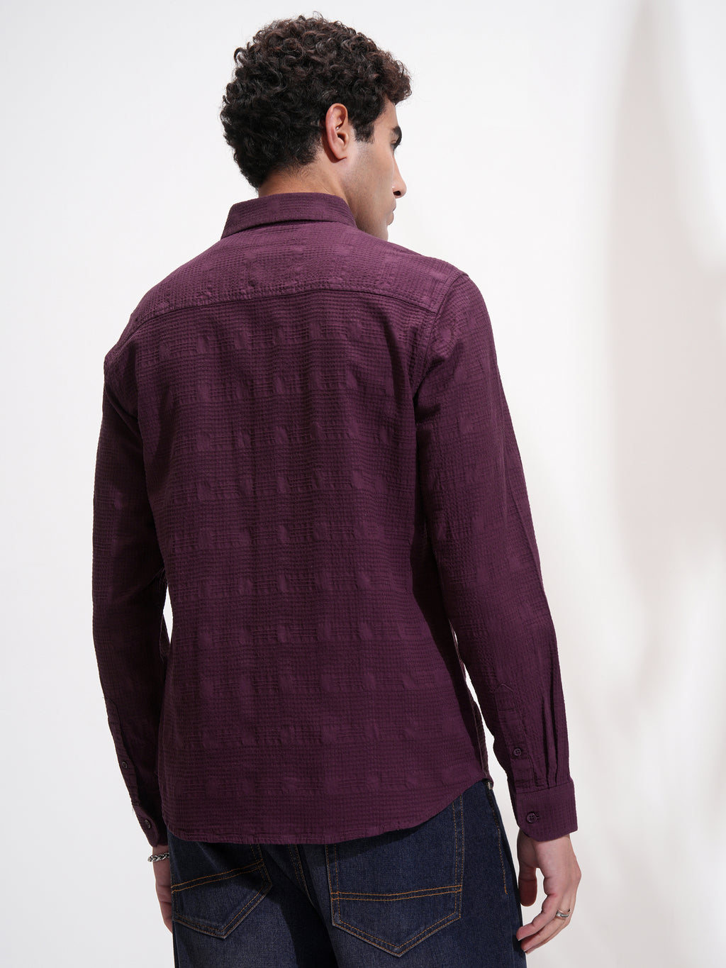 Highlander Men Purple Self Design Slim Fit Casual Shirt - Purple - Image 3