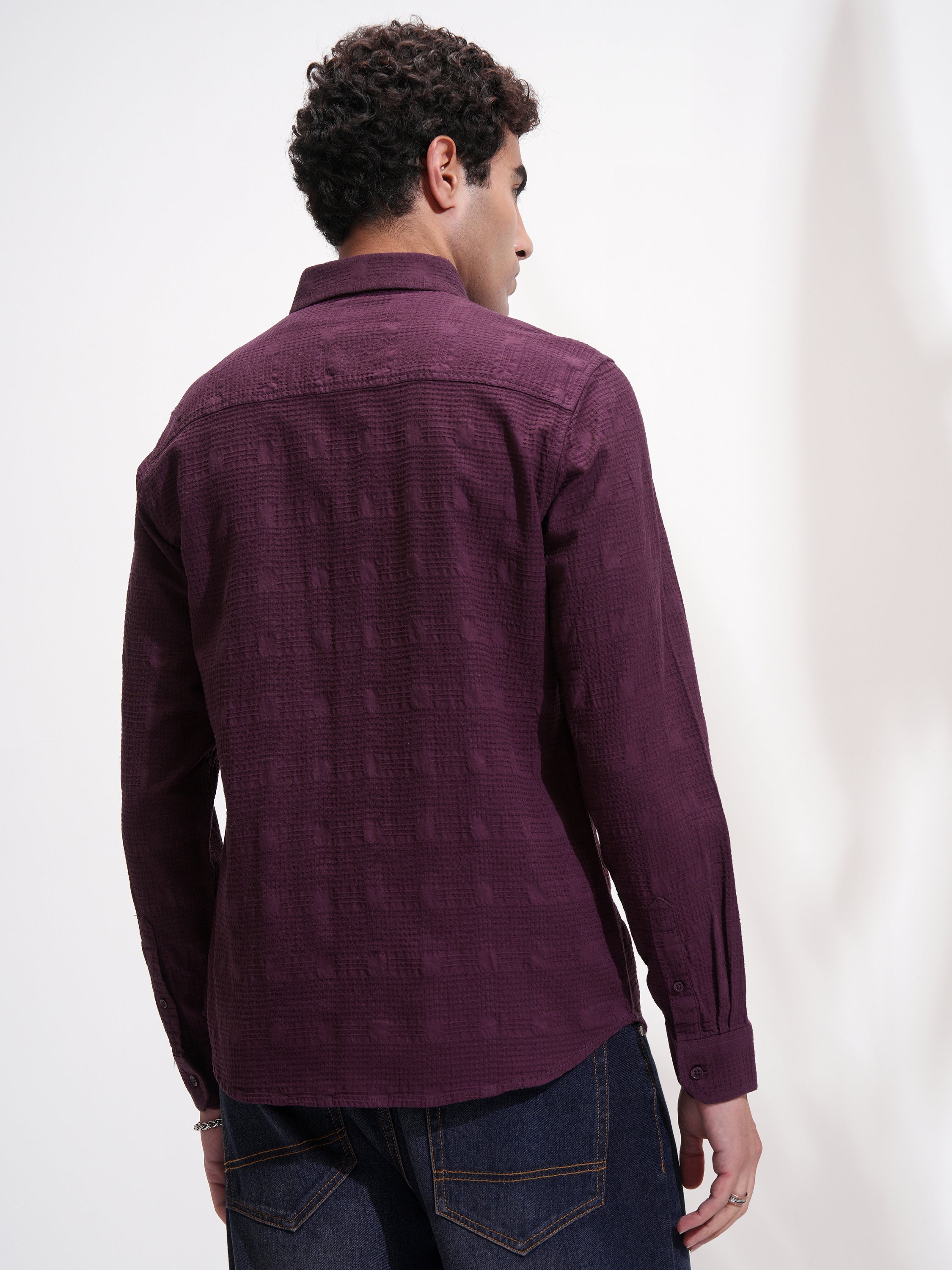 Highlander Men Purple Self Design Slim Fit Casual Shirt - Purple - Image 3