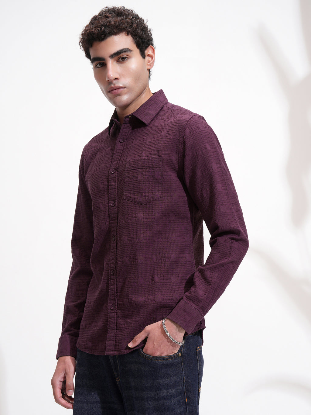 Highlander Men Purple Self Design Slim Fit Casual Shirt - Purple - Image 4