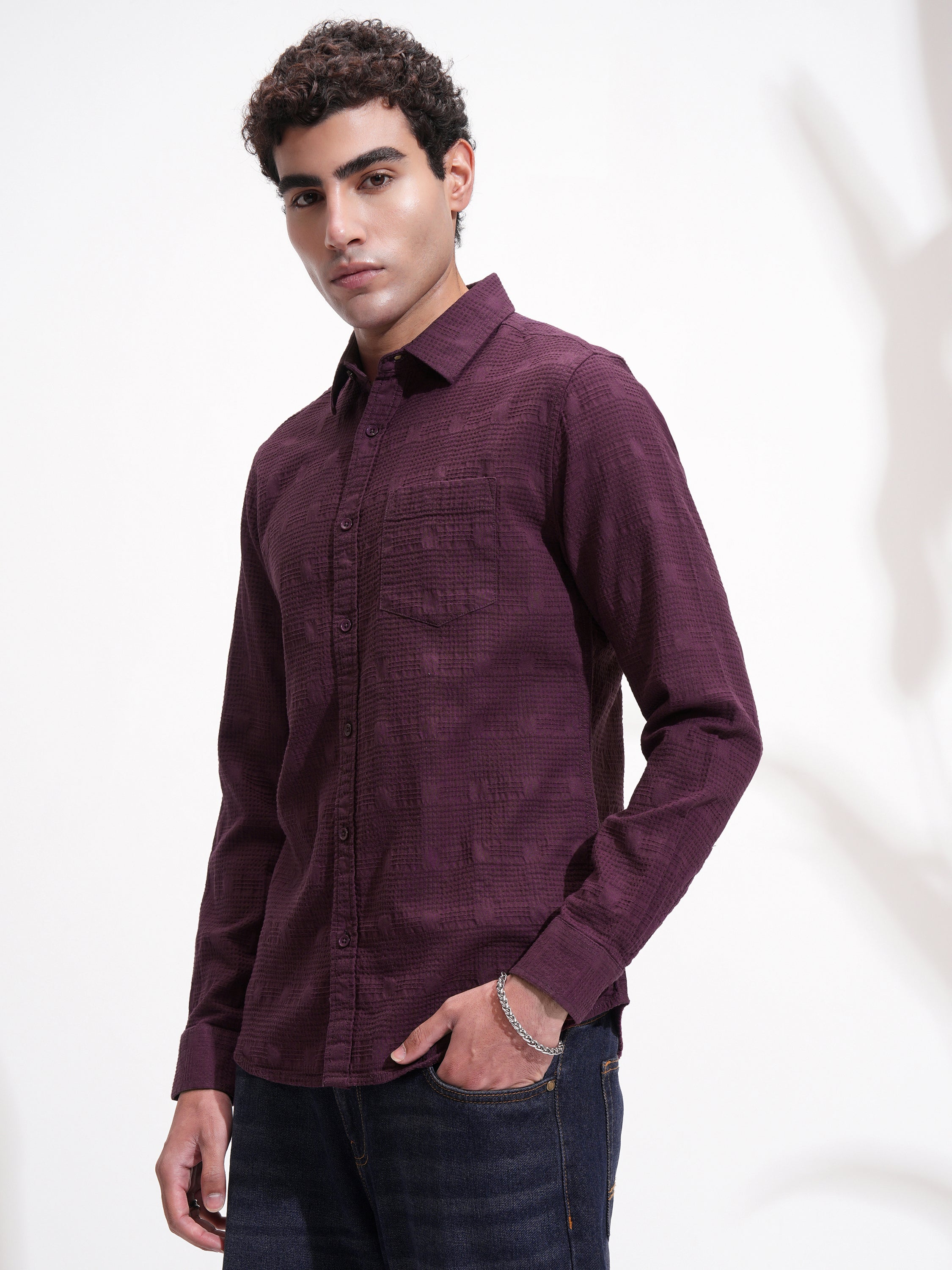 Highlander Men Purple Self Design Slim Fit Casual Shirt - Purple - Image 4