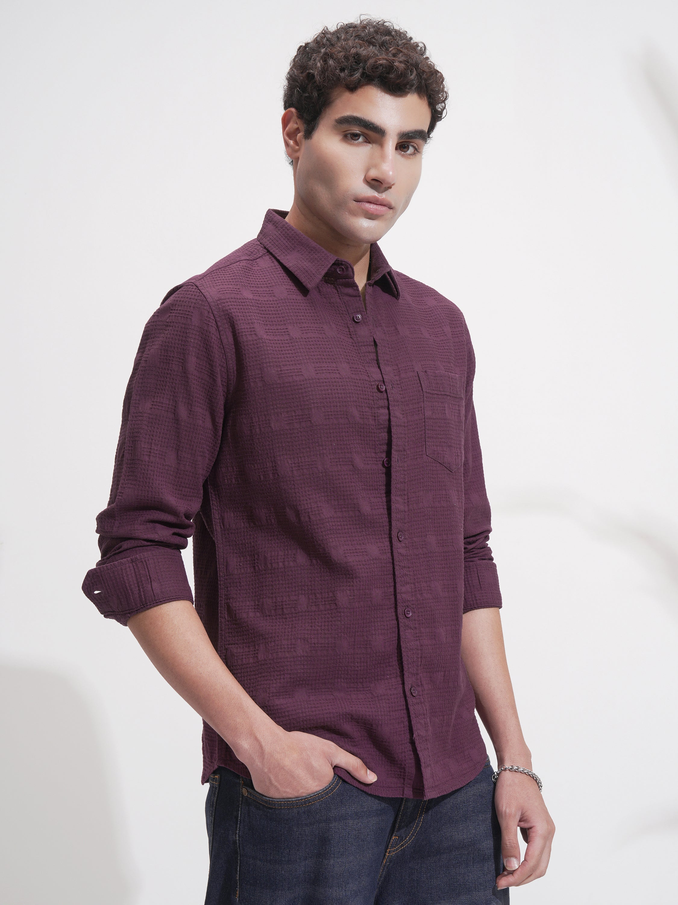 Highlander Men Purple Self Design Slim Fit Casual Shirt - Purple - Image 6