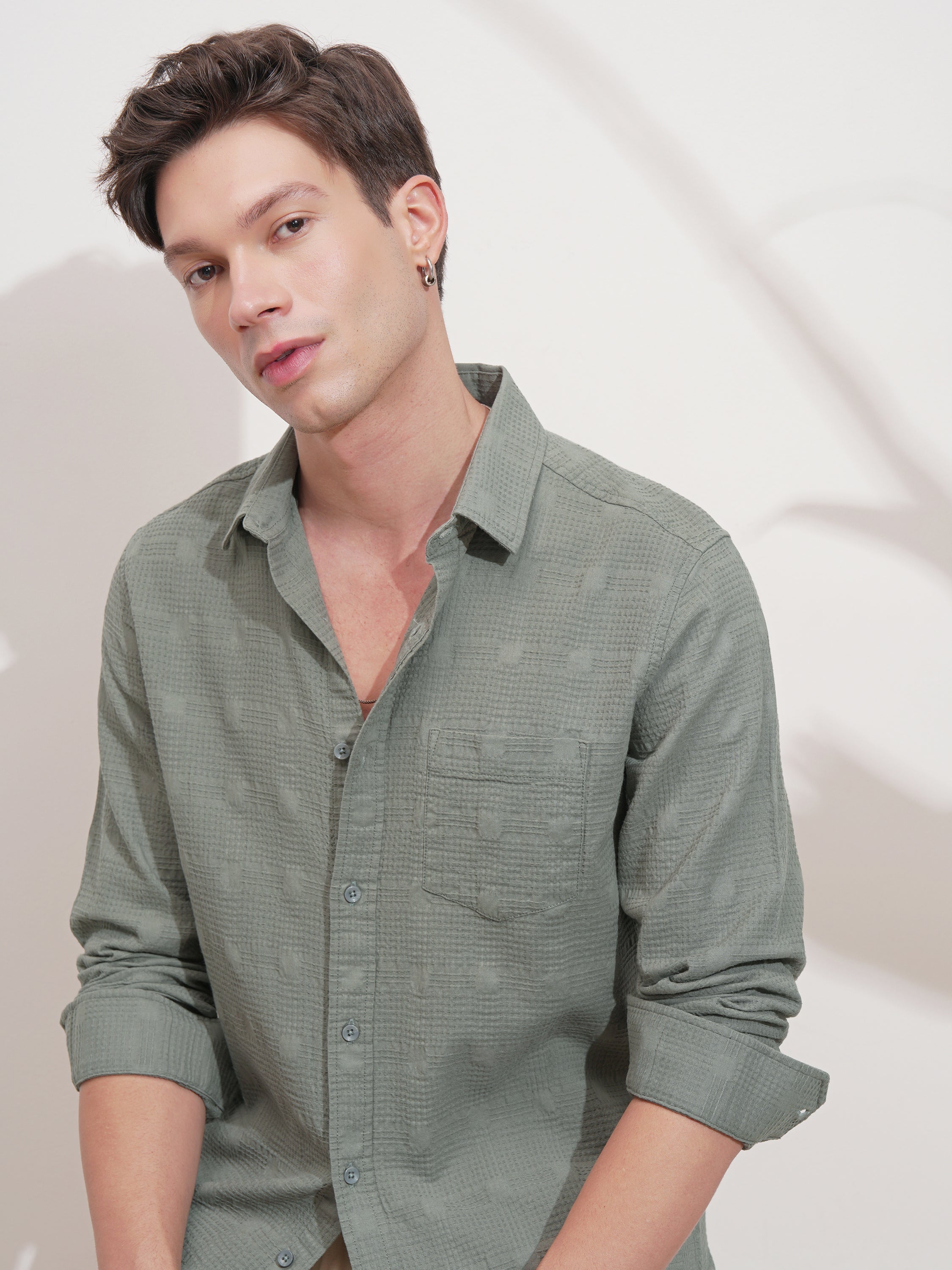 Highlander Men Green Self Design Slim Fit Casual Shirt - Green - Image 1