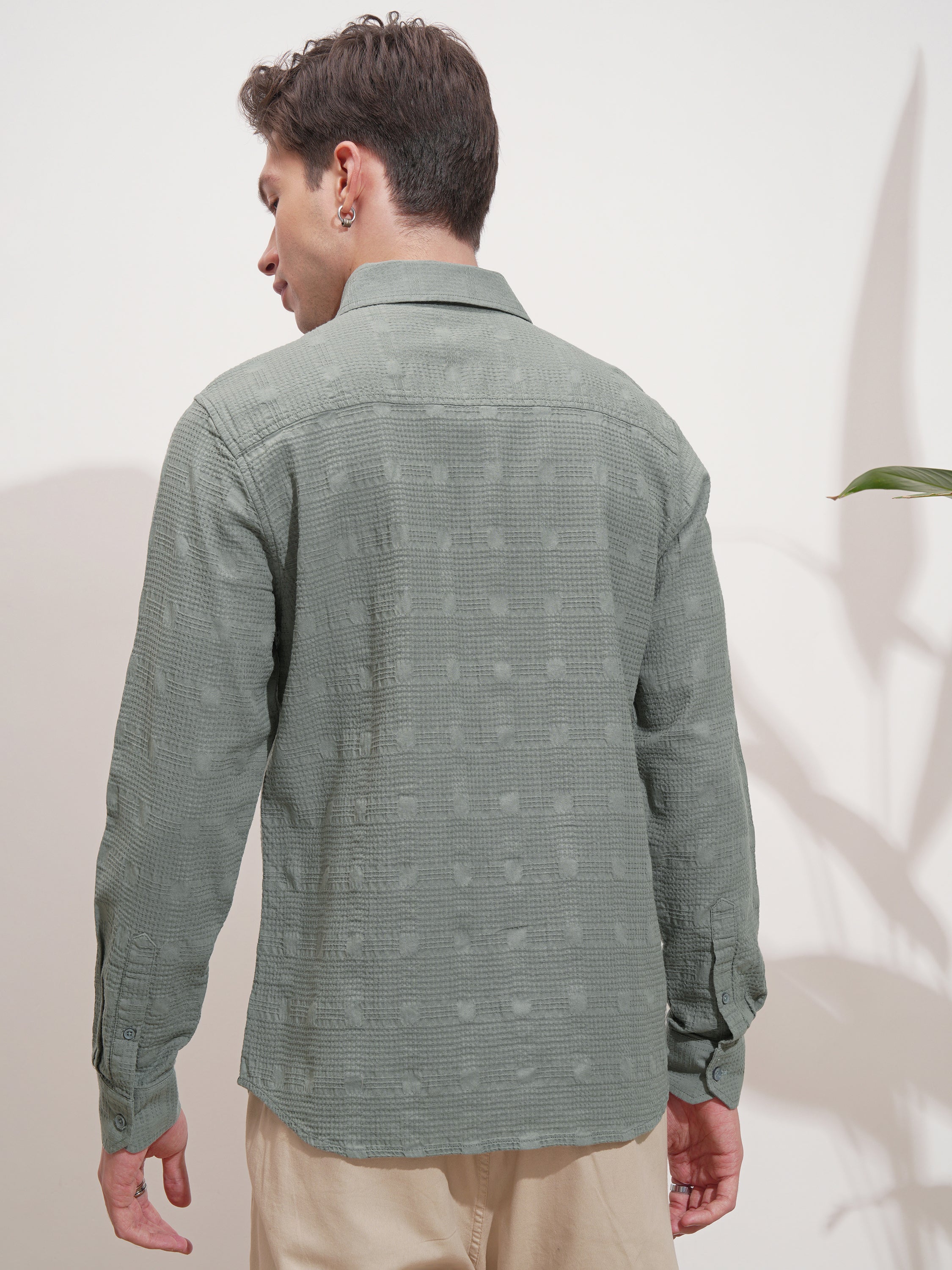 Highlander Men Green Self Design Slim Fit Casual Shirt - Green - Image 3