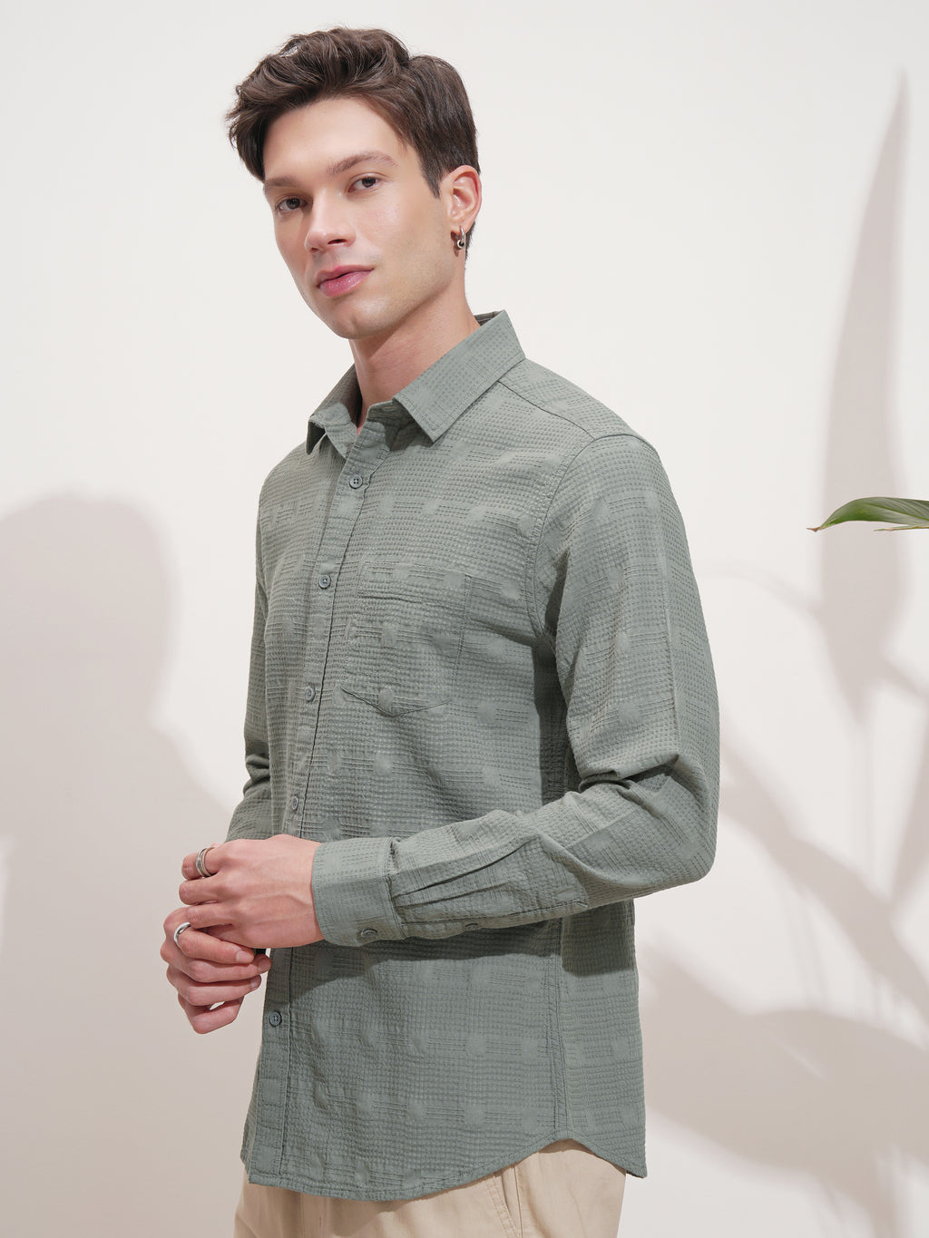 Highlander Men Green Self Design Slim Fit Casual Shirt - Green - Image 4