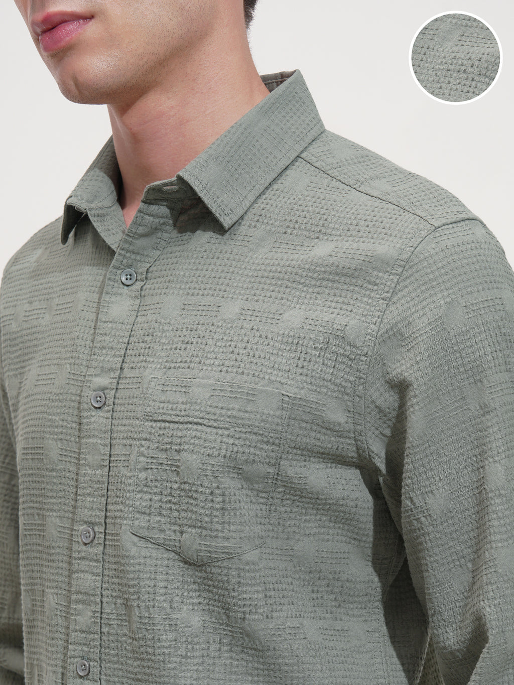 Highlander Men Green Self Design Slim Fit Casual Shirt - Green - Image 5