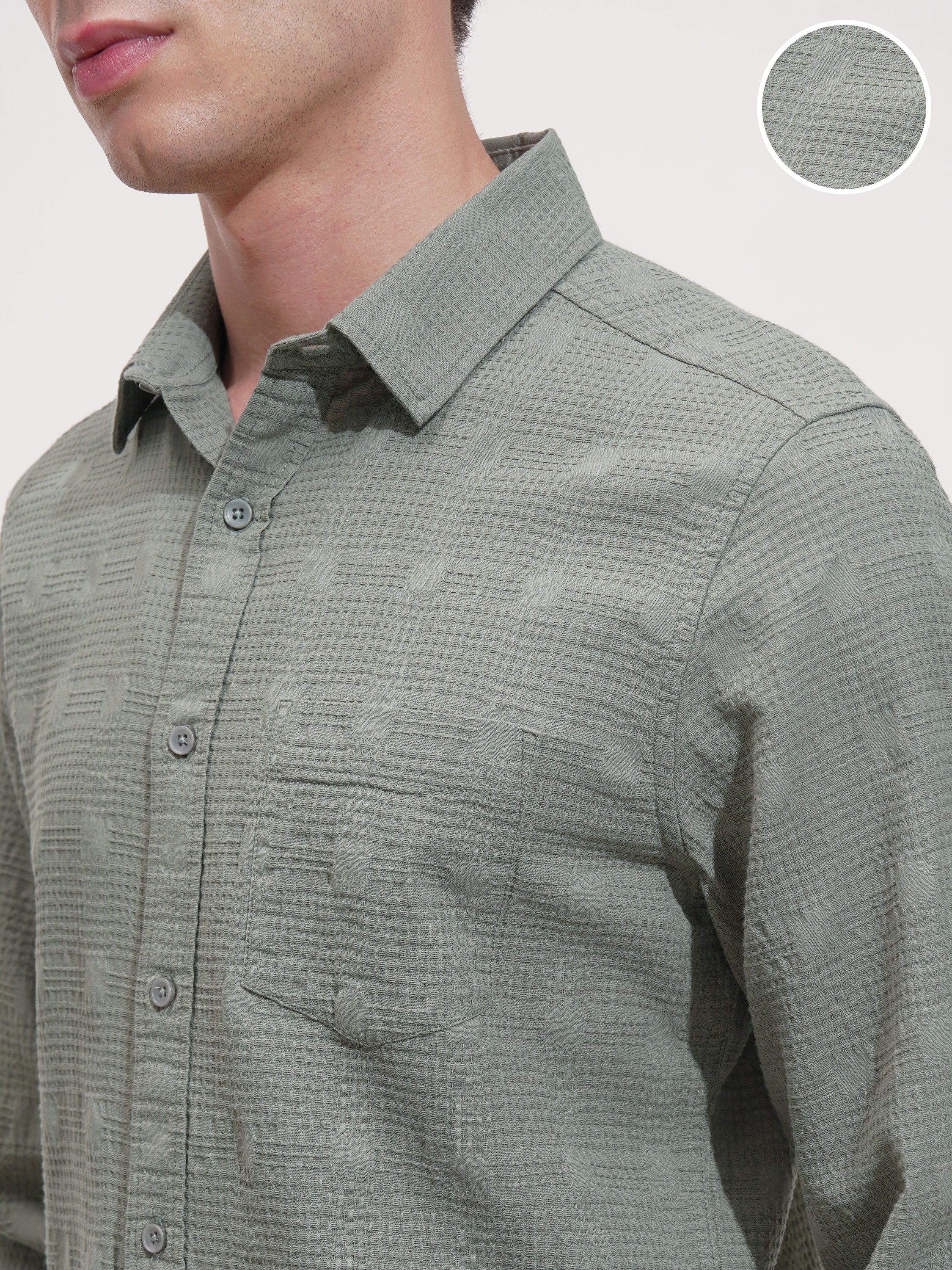 Highlander Men Green Self Design Slim Fit Casual Shirt - Green - Image 5