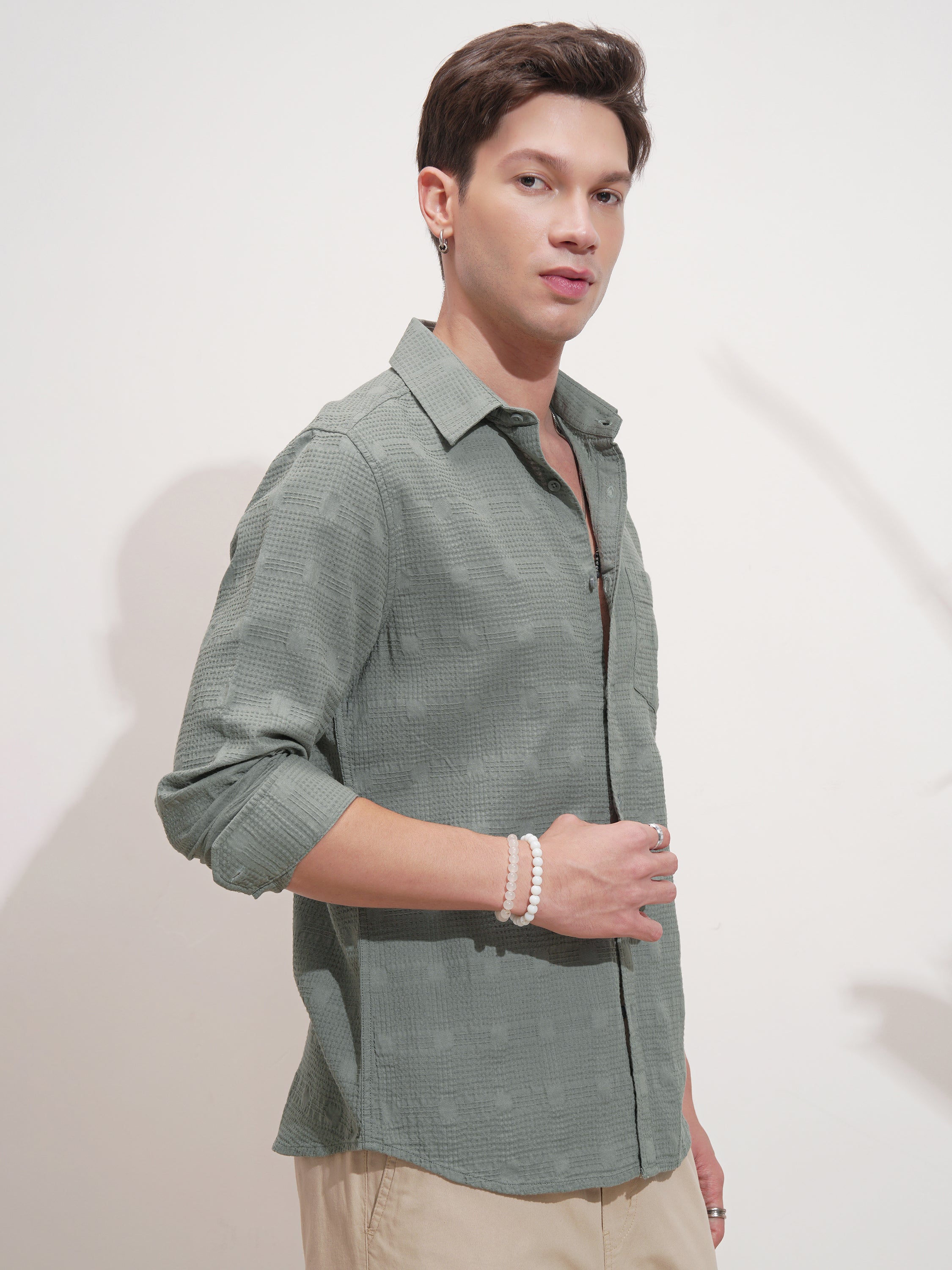 Highlander Men Green Self Design Slim Fit Casual Shirt - Green - Image 6