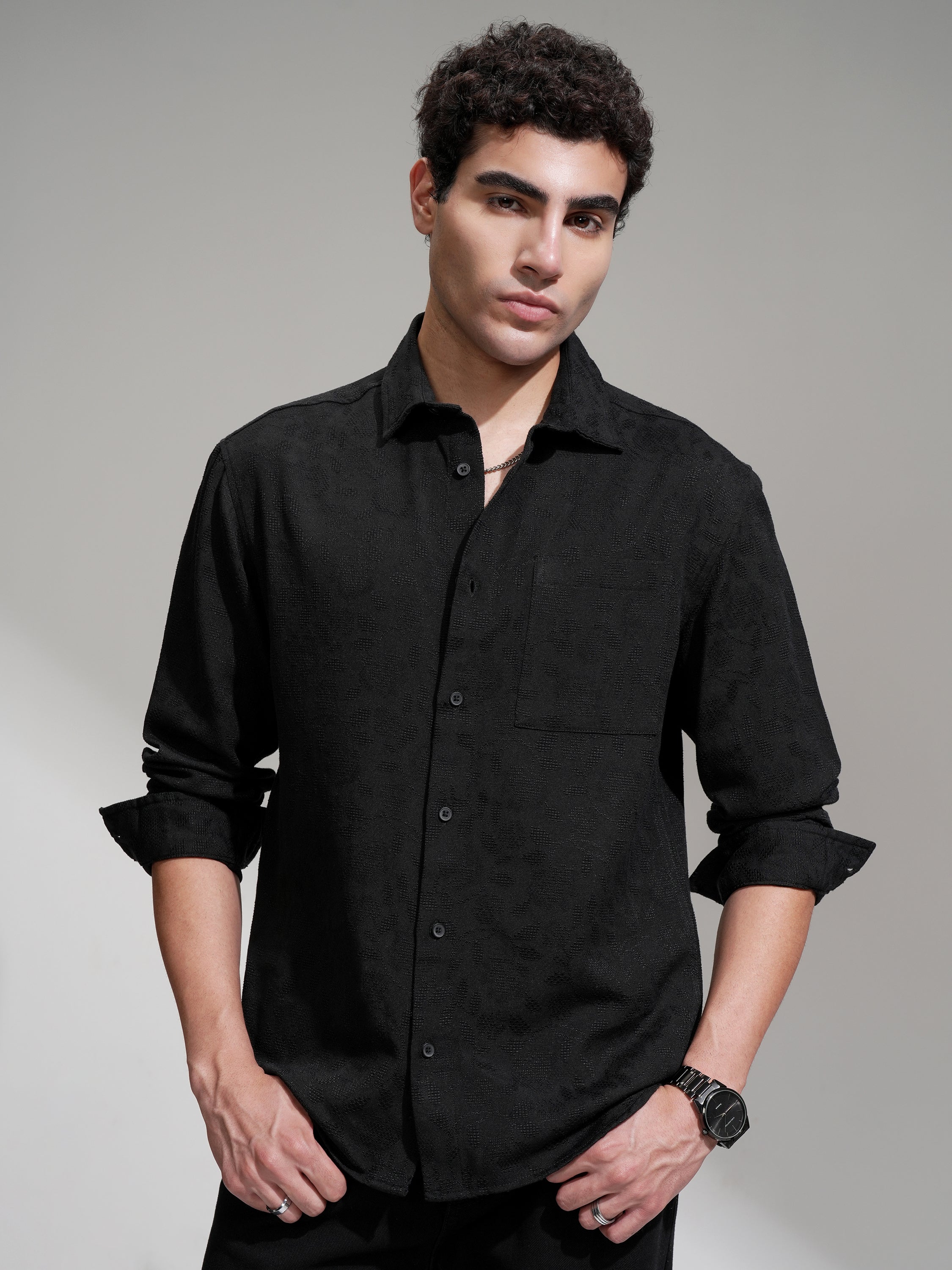 Highlander Men Black Self Design Relaxed Fit Casual Shirt - Black - Image 1