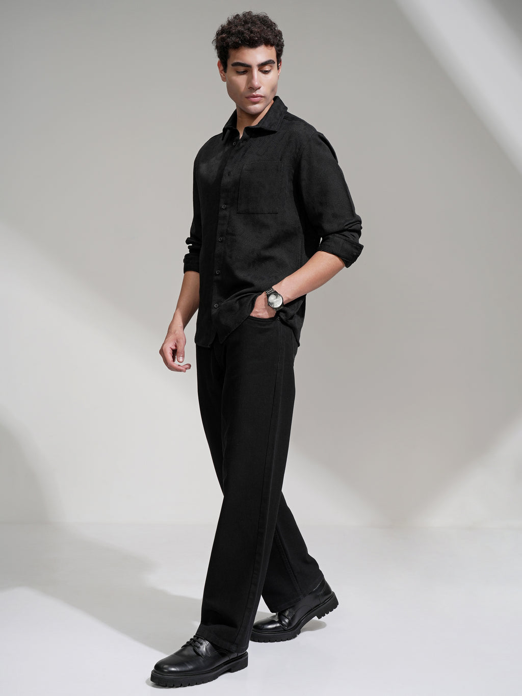 Highlander Men Black Self Design Relaxed Fit Casual Shirt - Black - Image 2