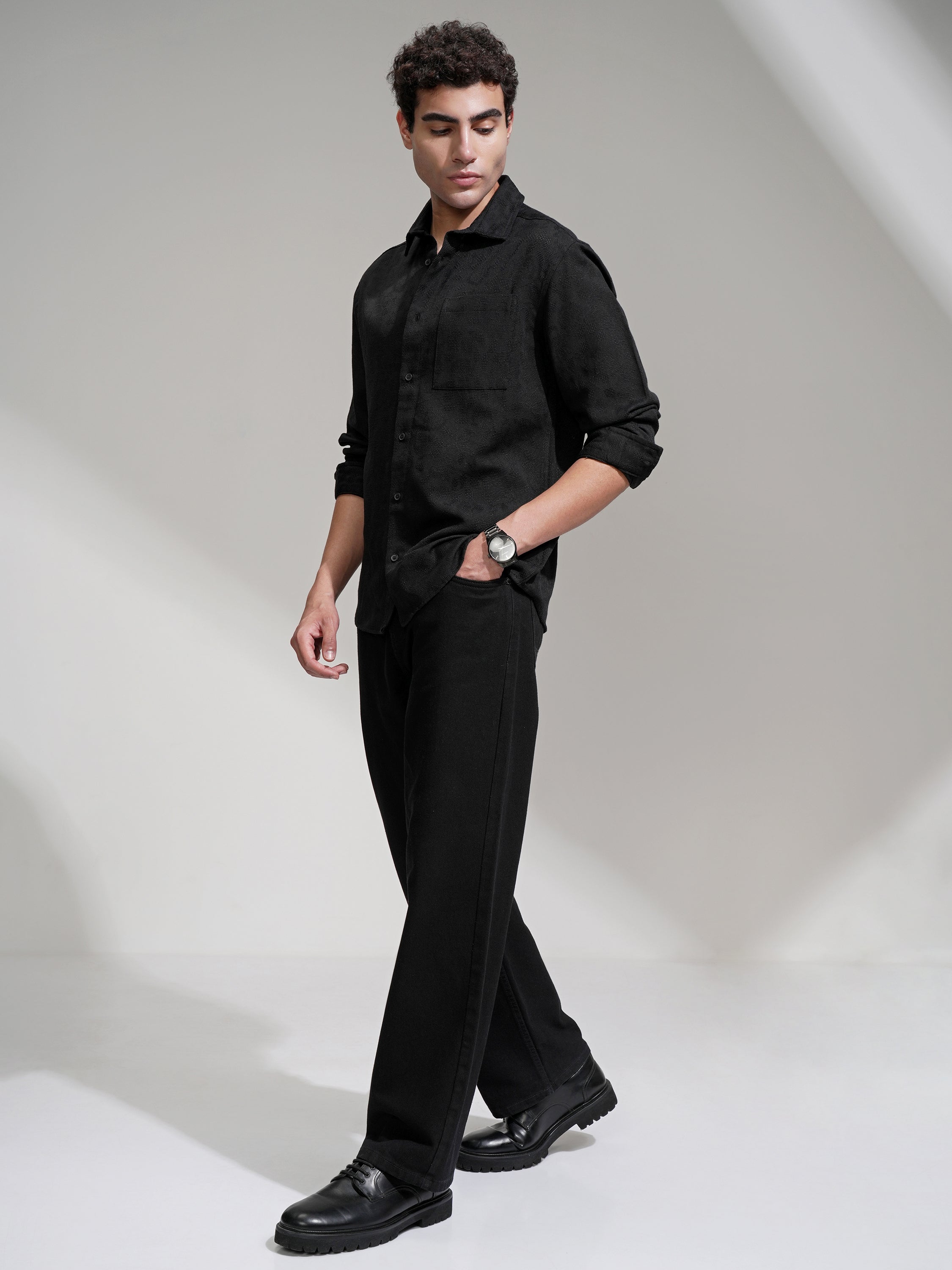 Highlander Men Black Self Design Relaxed Fit Casual Shirt - Black - Image 2
