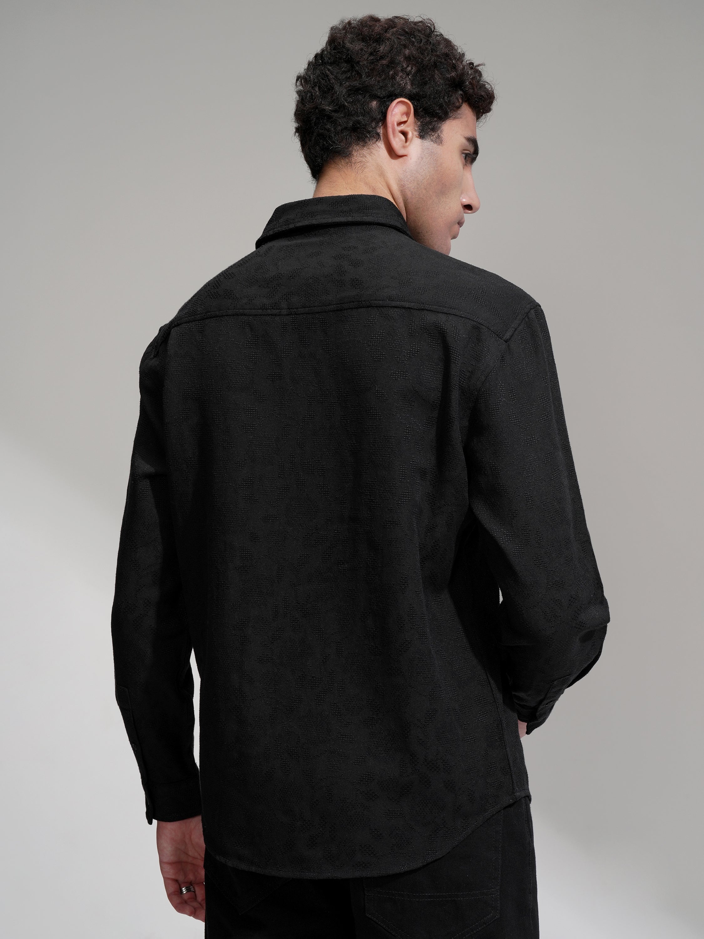 Highlander Men Black Self Design Relaxed Fit Casual Shirt - Black - Image 3