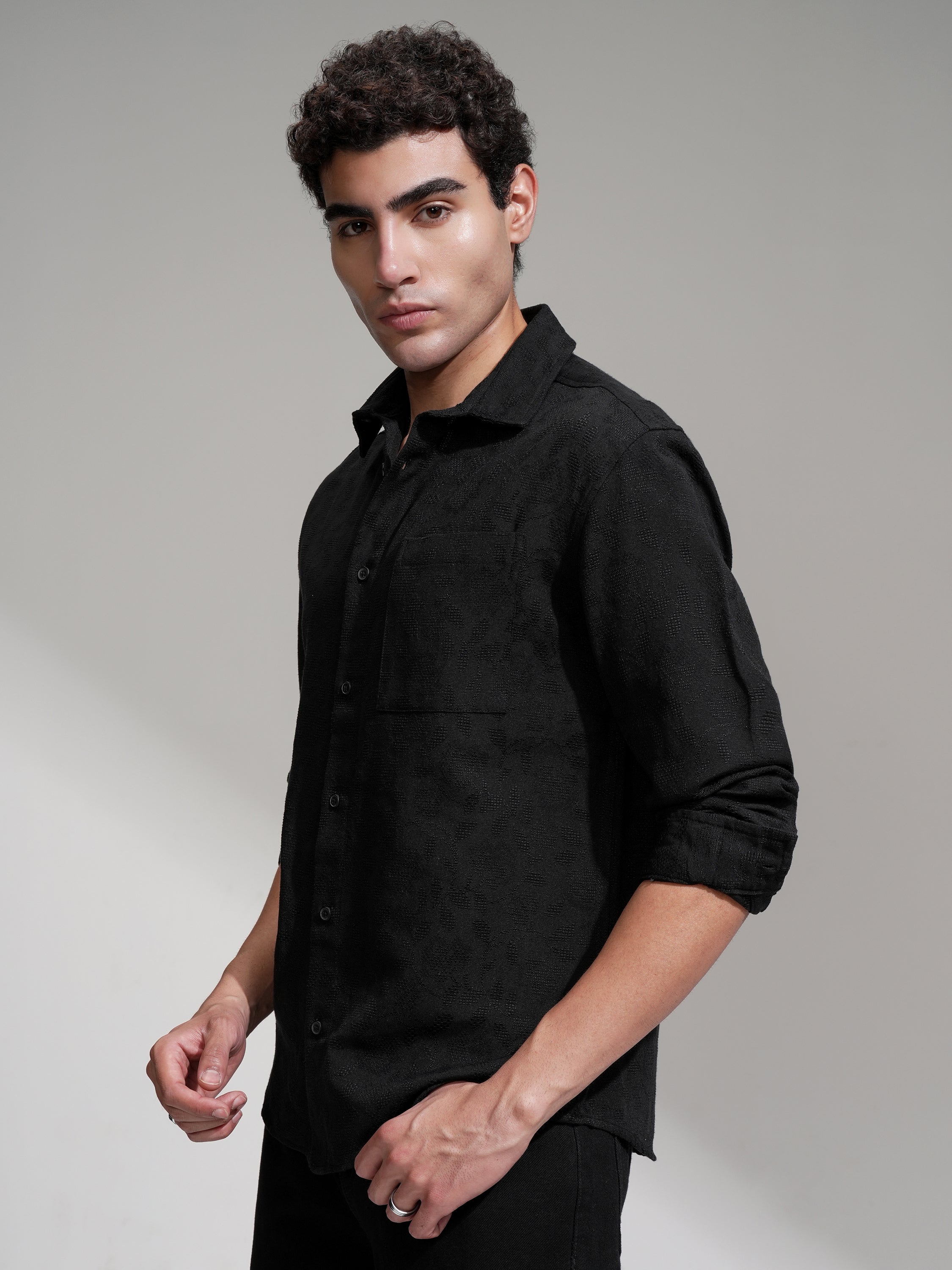 Highlander Men Black Self Design Relaxed Fit Casual Shirt - Black - Image 4