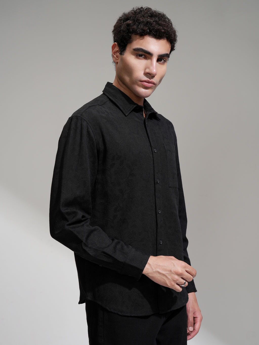 Highlander Men Black Self Design Relaxed Fit Casual Shirt - Black - Image 6