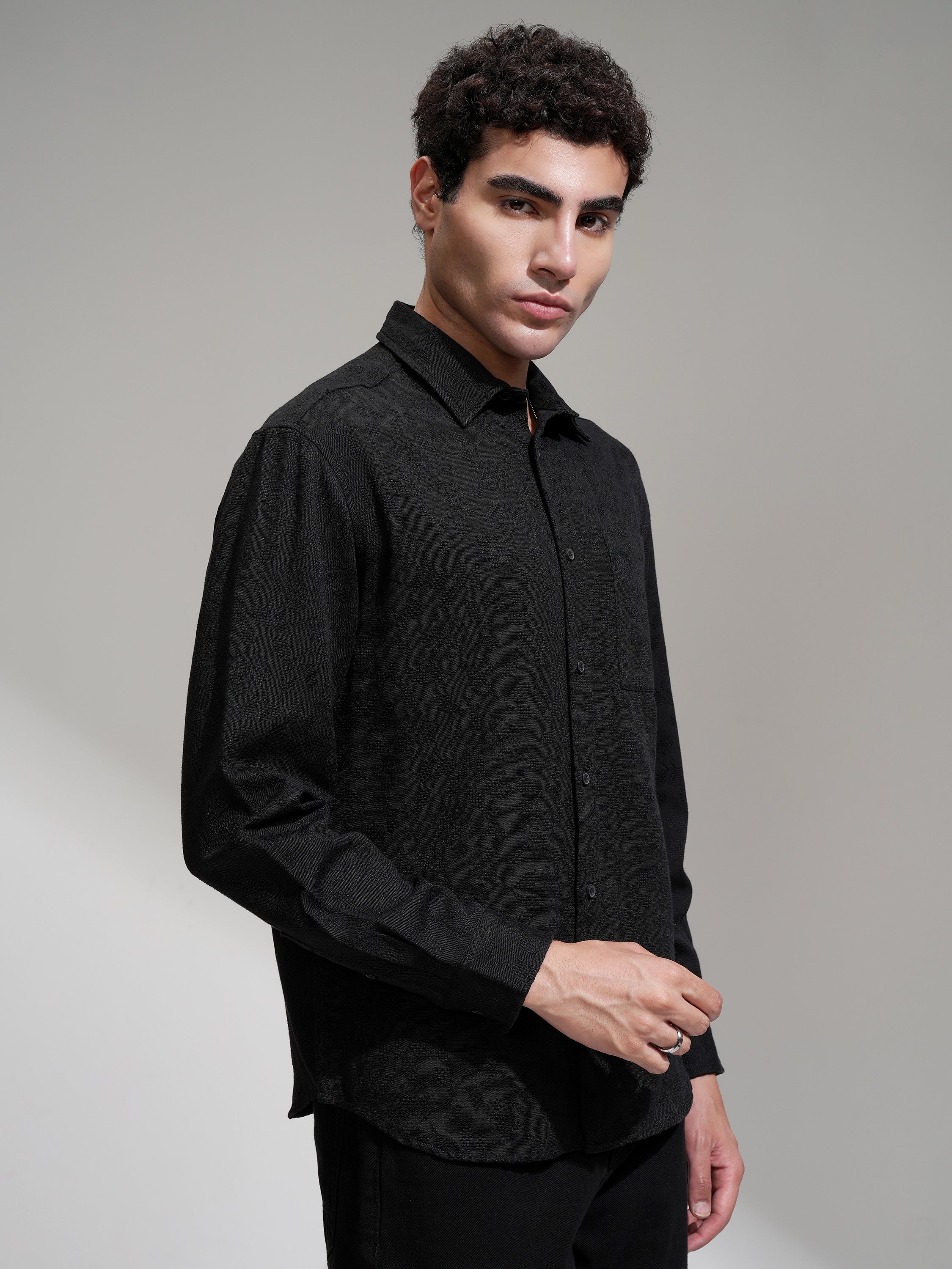 Highlander Men Black Self Design Relaxed Fit Casual Shirt - Black - Image 6