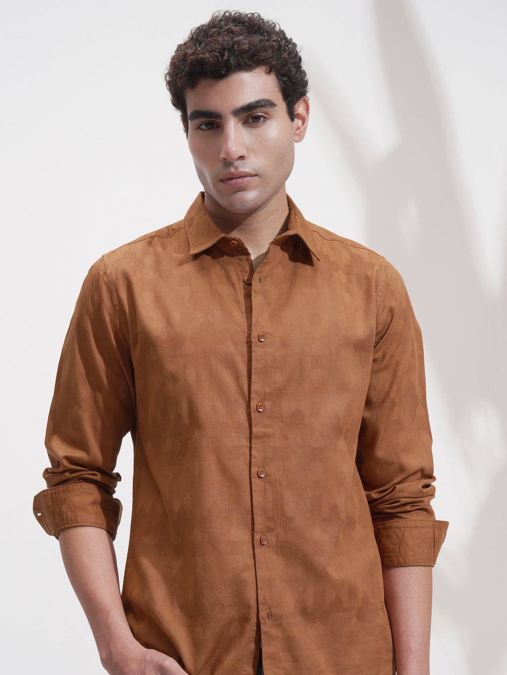 Highlander Men Rust Self Design Slim Fit Casual Shirt - Rust - Image 1