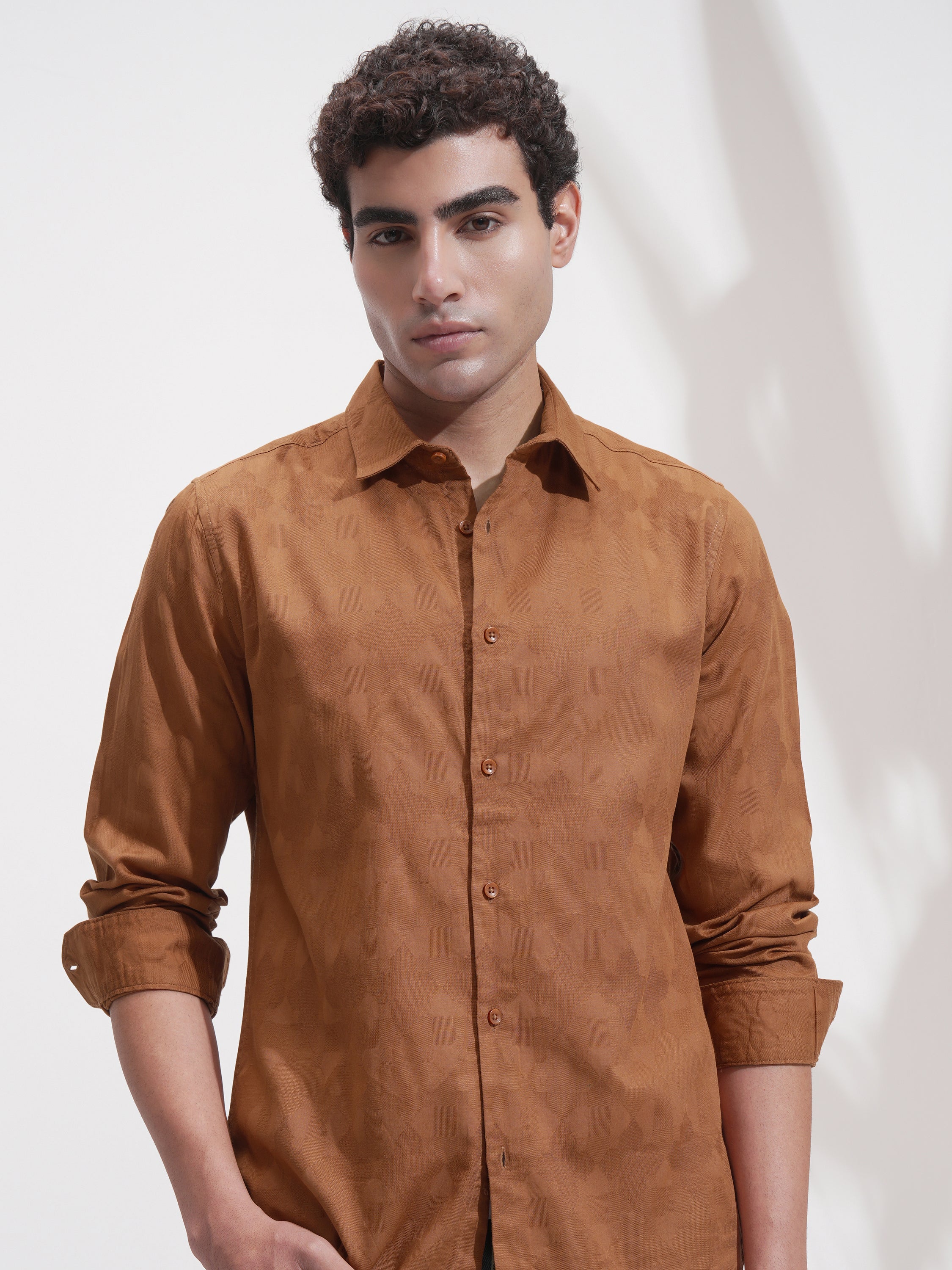 Highlander Men Rust Self Design Slim Fit Casual Shirt - Rust - Image 1