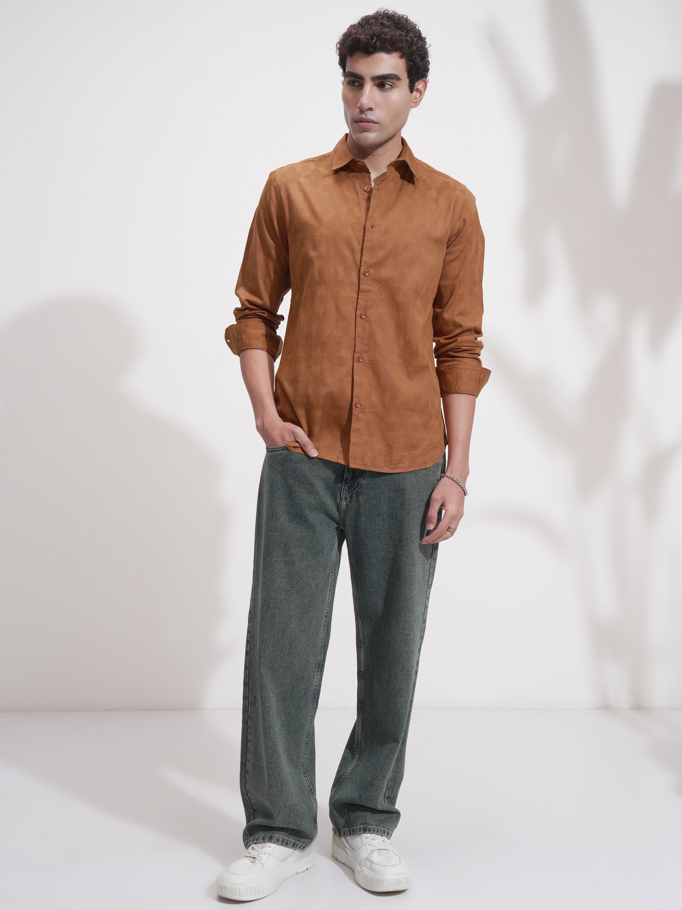 Highlander Men Rust Self Design Slim Fit Casual Shirt - Rust - Image 2