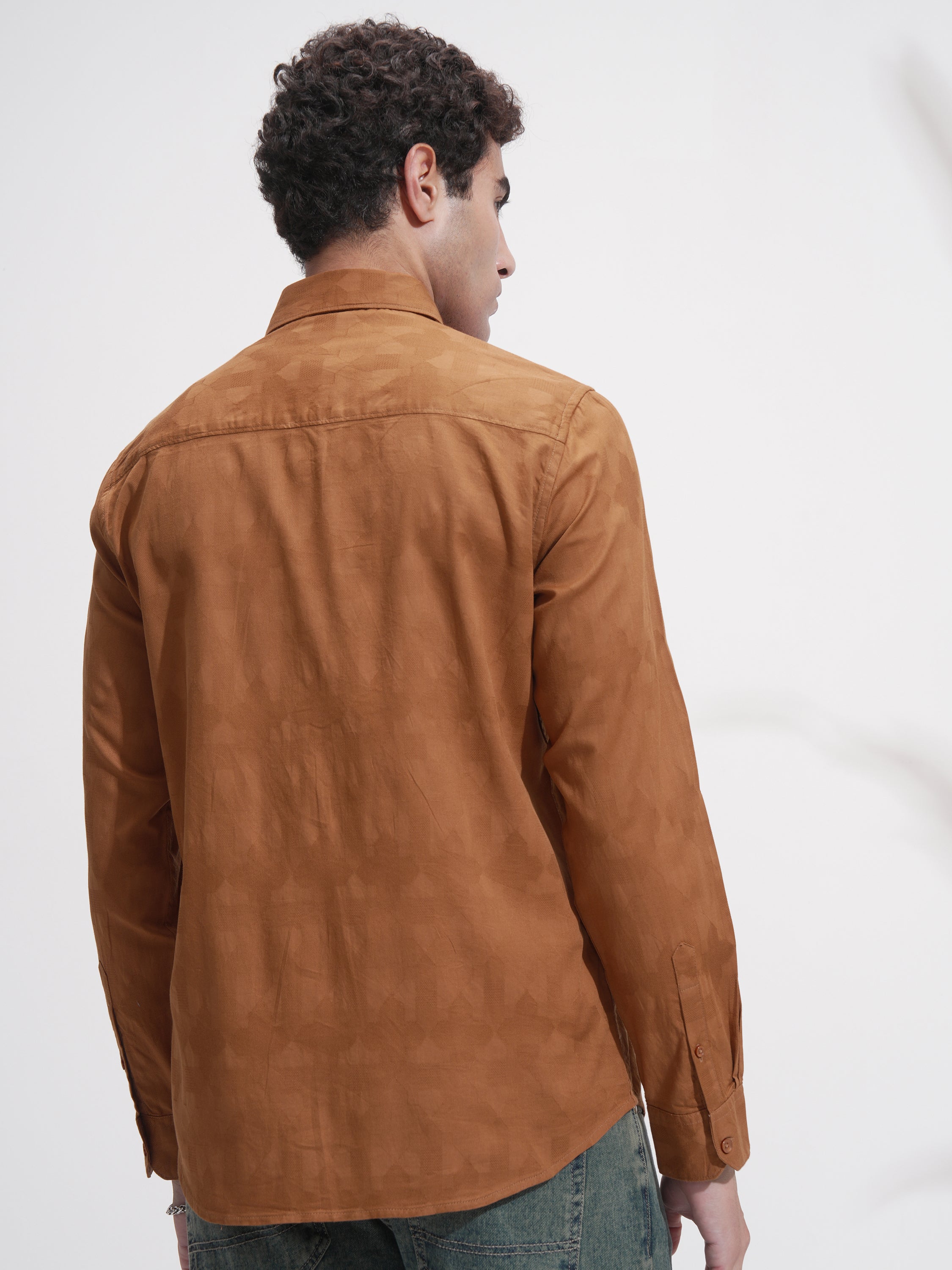 Highlander Men Rust Self Design Slim Fit Casual Shirt - Rust - Image 3