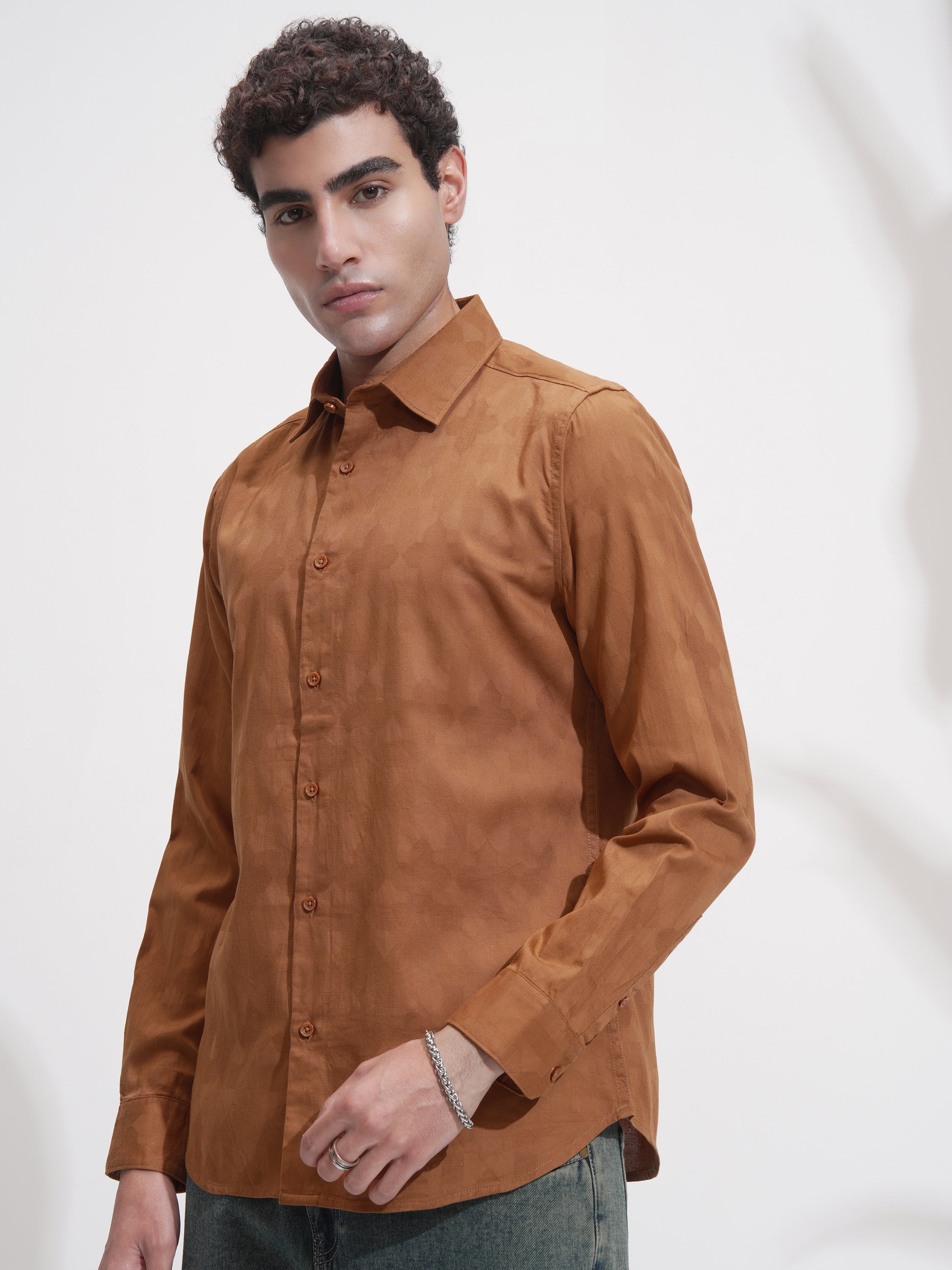 Highlander Men Rust Self Design Slim Fit Casual Shirt - Rust - Image 4