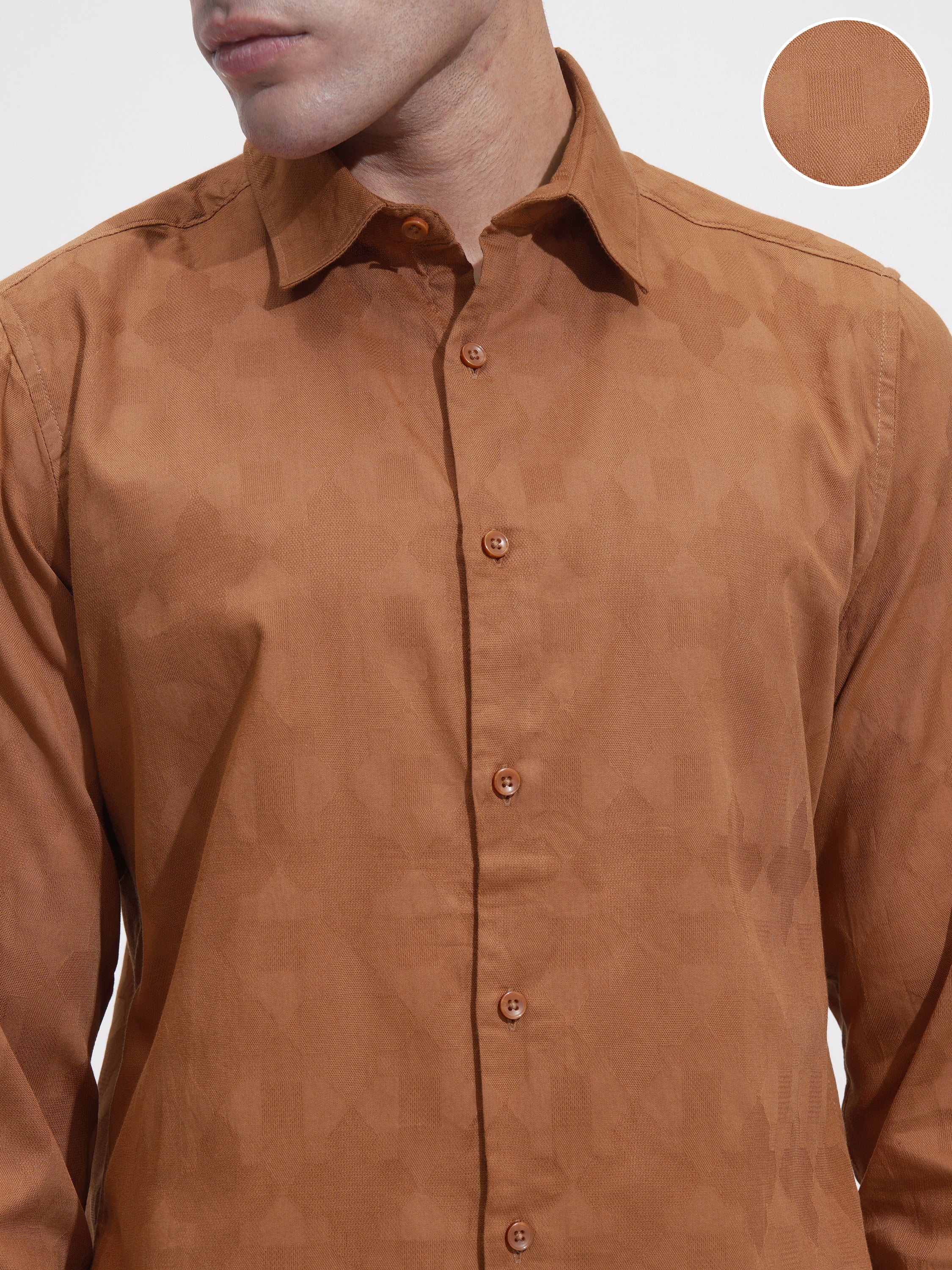 Highlander Men Rust Self Design Slim Fit Casual Shirt - Rust - Image 5
