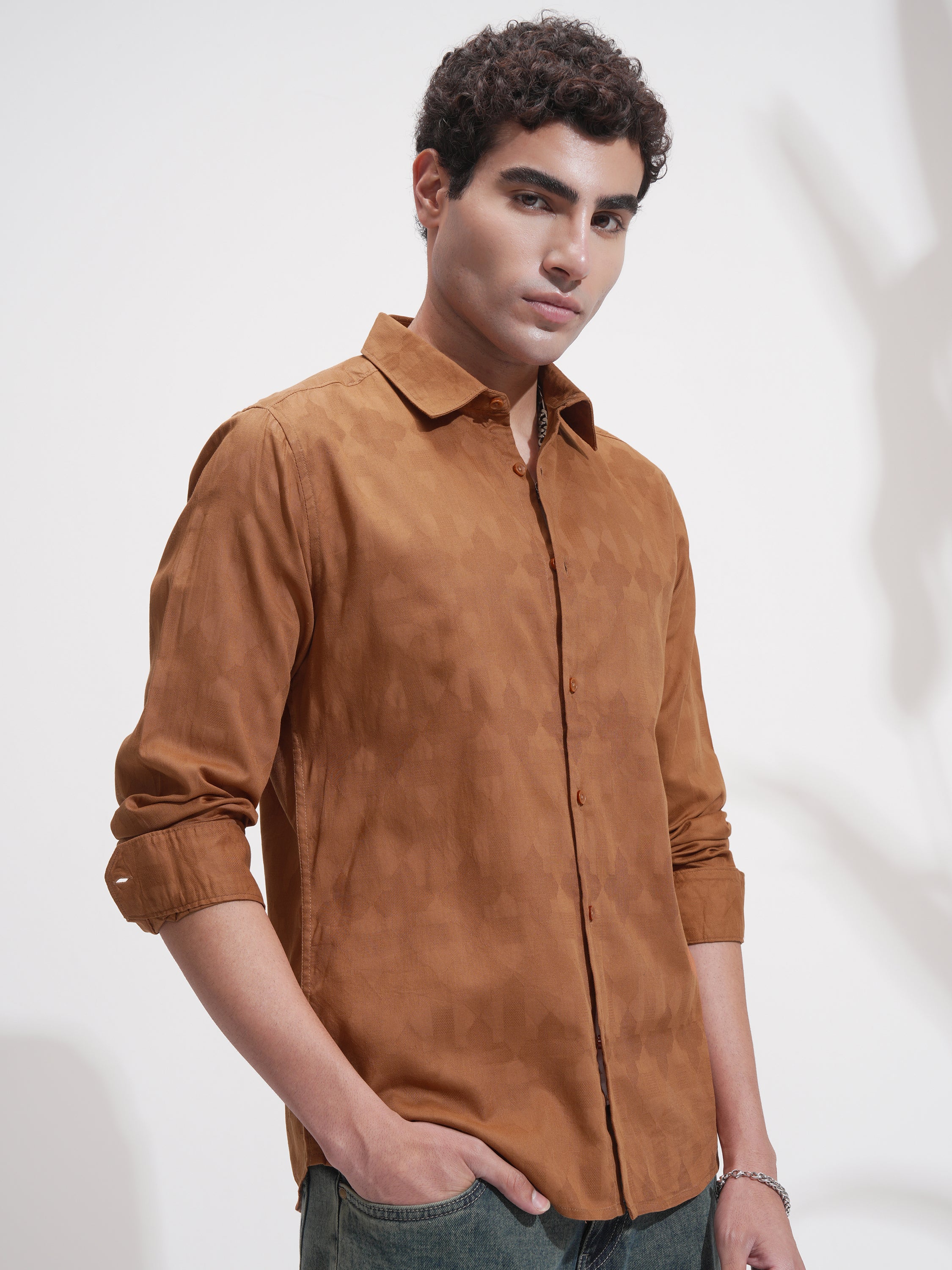 Highlander Men Rust Self Design Slim Fit Casual Shirt - Rust - Image 6
