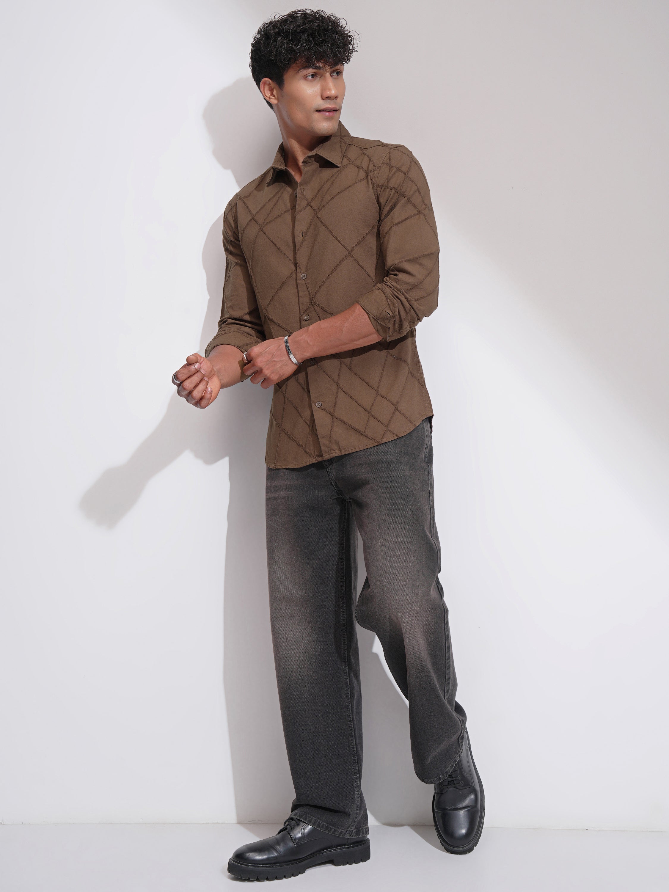 Highlander Men Brown Self Design Slim Fit Casual Shirt - Brown - Image 2