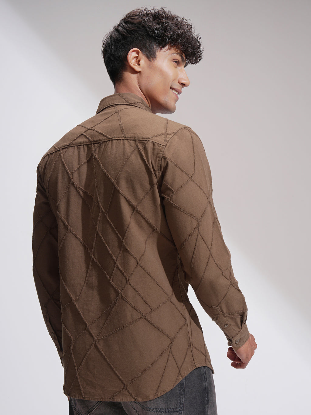 Highlander Men Brown Self Design Slim Fit Casual Shirt - Brown - Image 3