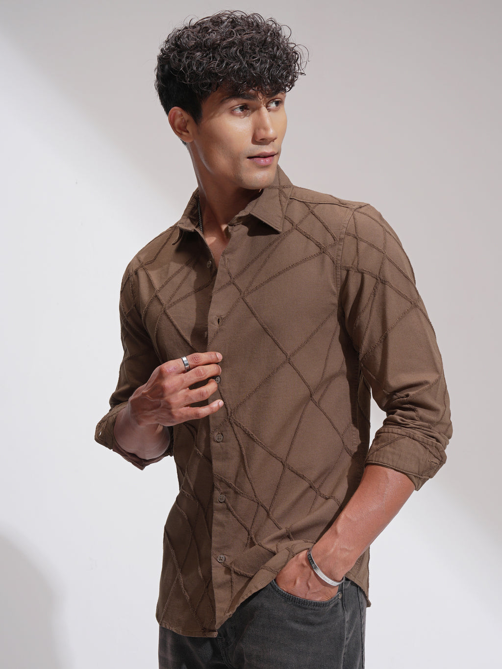 Highlander Men Brown Self Design Slim Fit Casual Shirt - Brown - Image 4