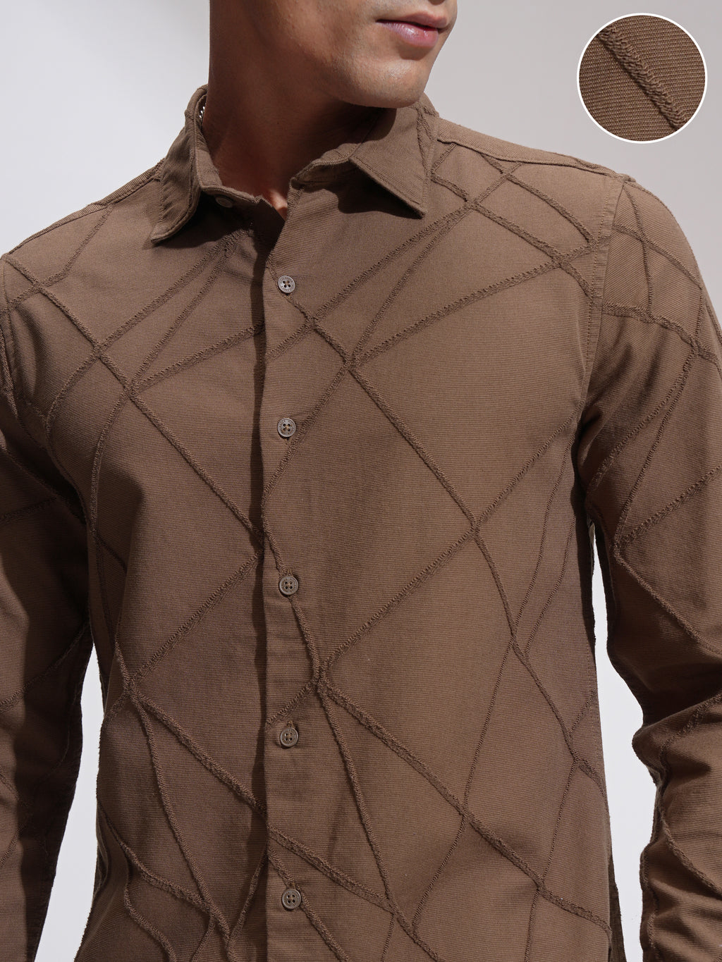 Highlander Men Brown Self Design Slim Fit Casual Shirt - Brown - Image 5