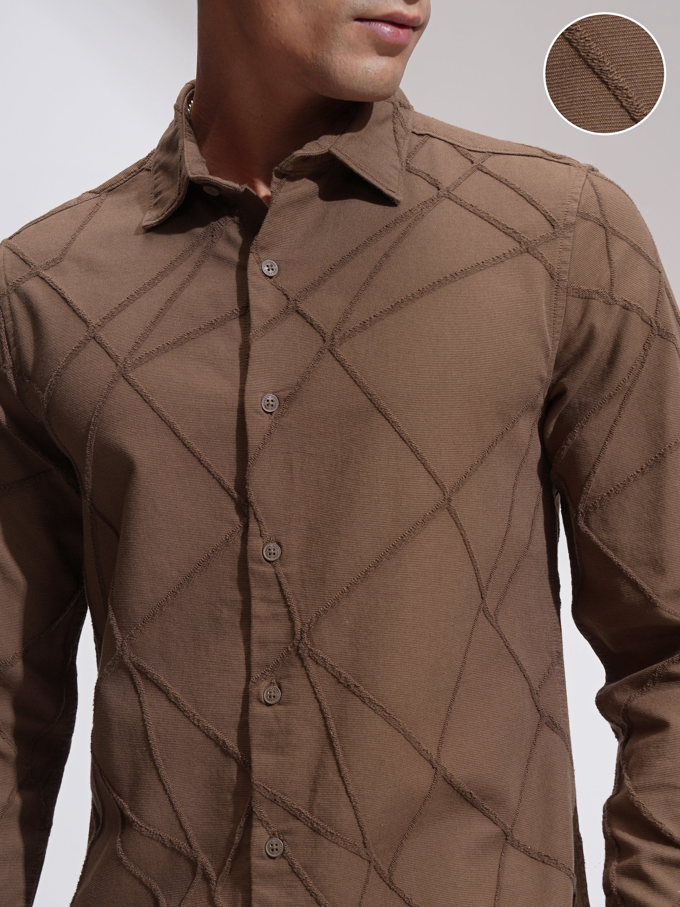 Highlander Men Brown Self Design Slim Fit Casual Shirt - Brown - Image 5