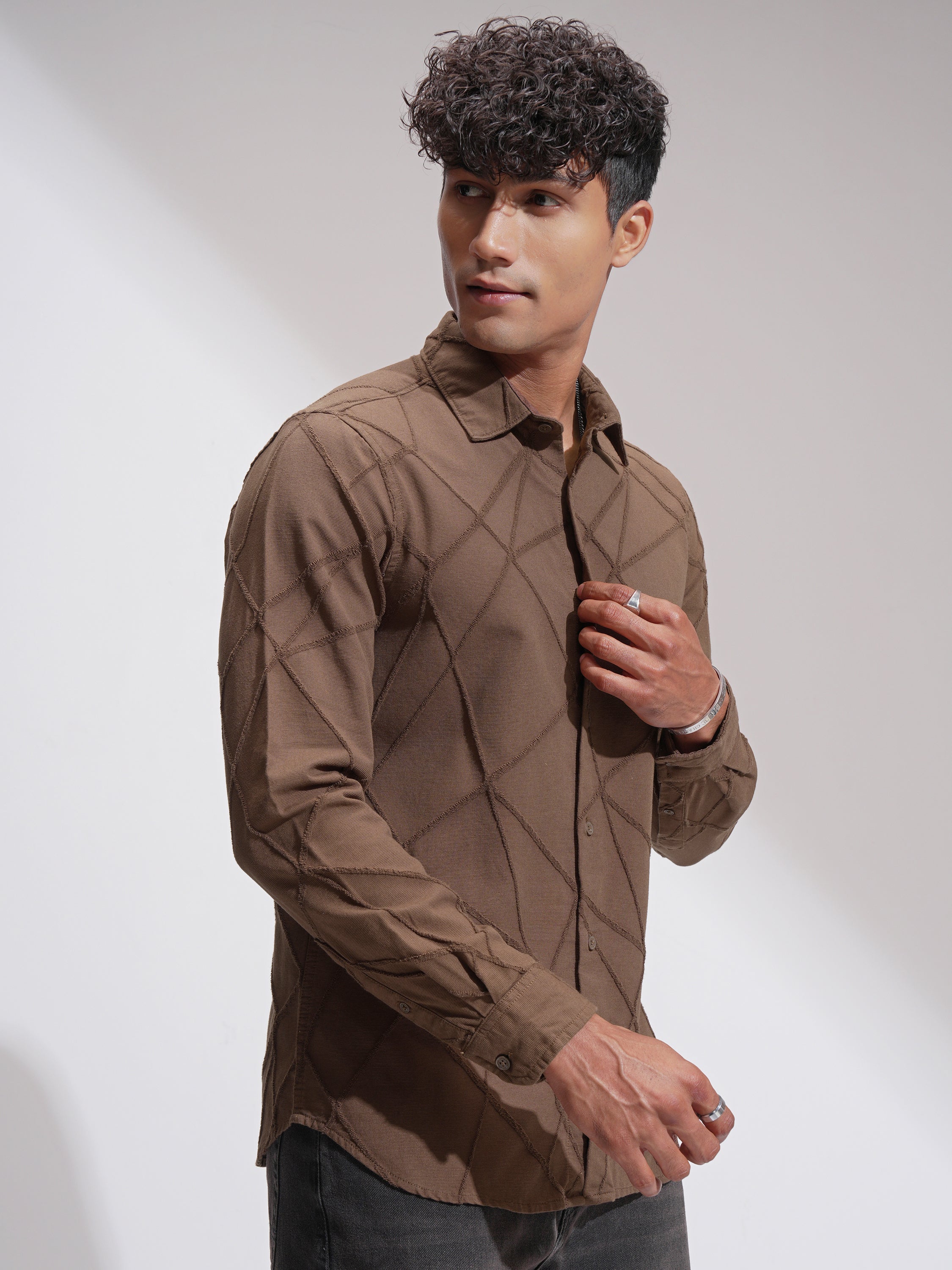 Highlander Men Brown Self Design Slim Fit Casual Shirt - Brown - Image 6